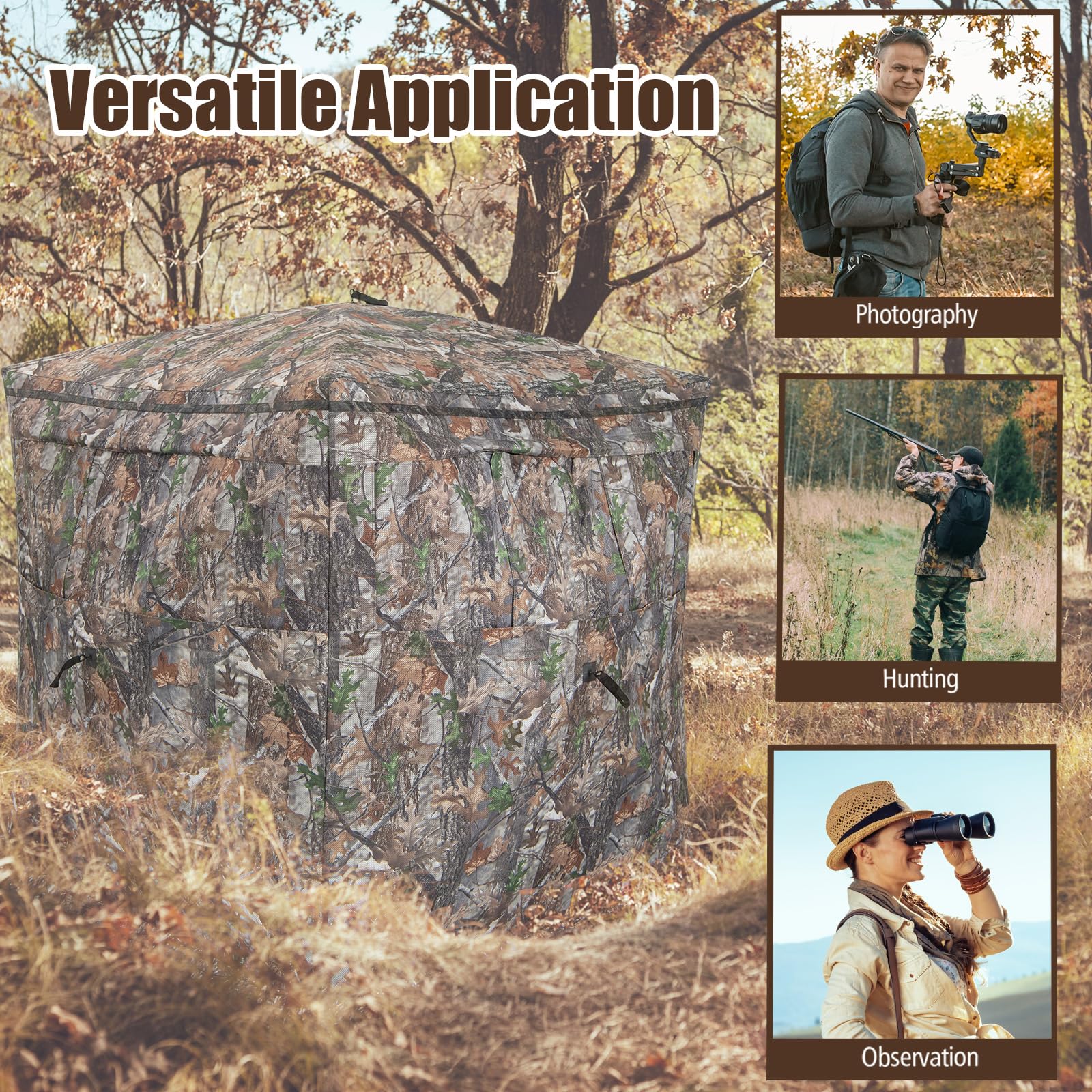 KOMFOTTEU Estor de Caza para 2-3 Personas, Persiana Con Ventanas, Tienda de Tierra Plegable Con Bolsa de Transporte, para Ciervos y Pavos, Camuflaje
