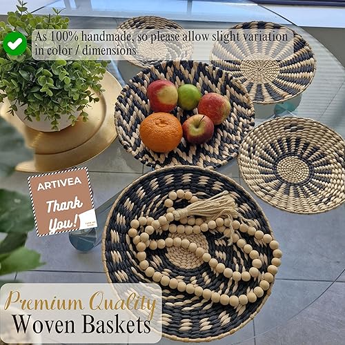 Vista 3 de ARTIVEA Juego de 5 cestas bohemias para decoración de pared, cestas de pared tejidas colgantes, decoración bohemia, cesta de ratán de mimbre