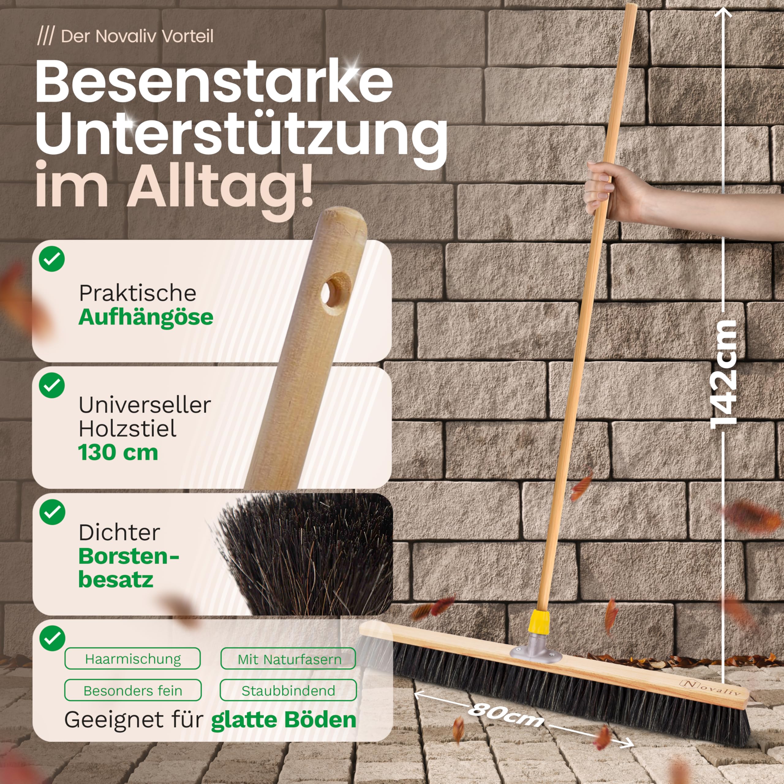 Novaliv 2X Kehrbesen mit Rosshaarmischung I 80 cm weiche Borsten I Feinstaubbesen Werkstattbesen Kehrbesen Hofbesen