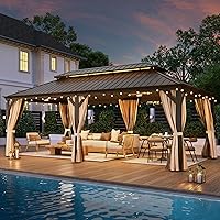 Vista 15 de YOLENY - Cenador de acero galvanizado con techo duro de 12 pies x 20 pies, marco de aluminio con doble ventilación, cortinas y malla incluidas