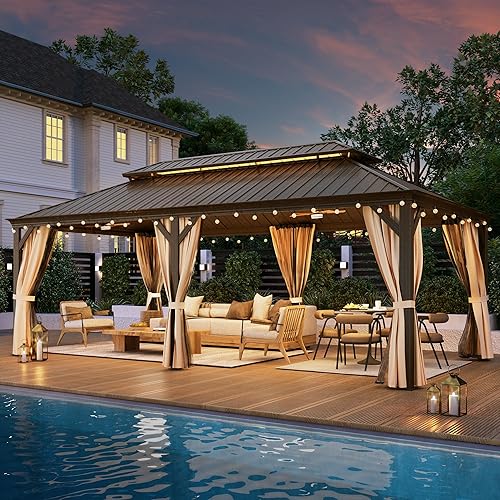 Miniatura 15 de YOLENY - Cenador de acero galvanizado con techo duro de 12 pies x 20 pies, marco de aluminio con doble ventilación, cortinas y malla incluidas