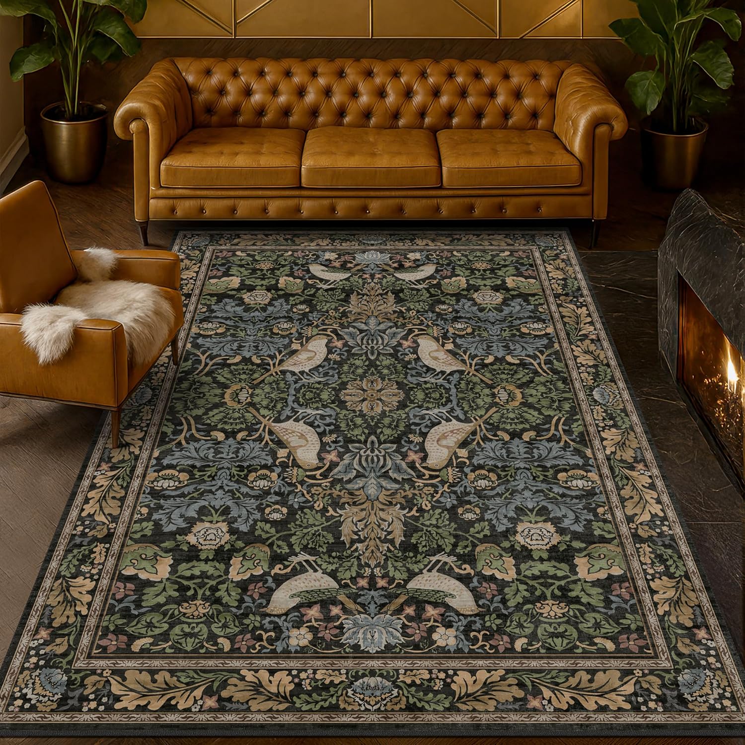 Vintage Floral Area Rug 5x7 for Living Room - Dark Green Forest Bird Rugs for Bedroom, Dinning Room, Office, Non Slip Stain Resistant Low Pile - Image 7