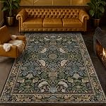 Hazo Haus Vintage Short Pile Area Rug Floral Pattern for Living Room Bedroom Dining Room Office Non Slip Stain Resistant Dark Green