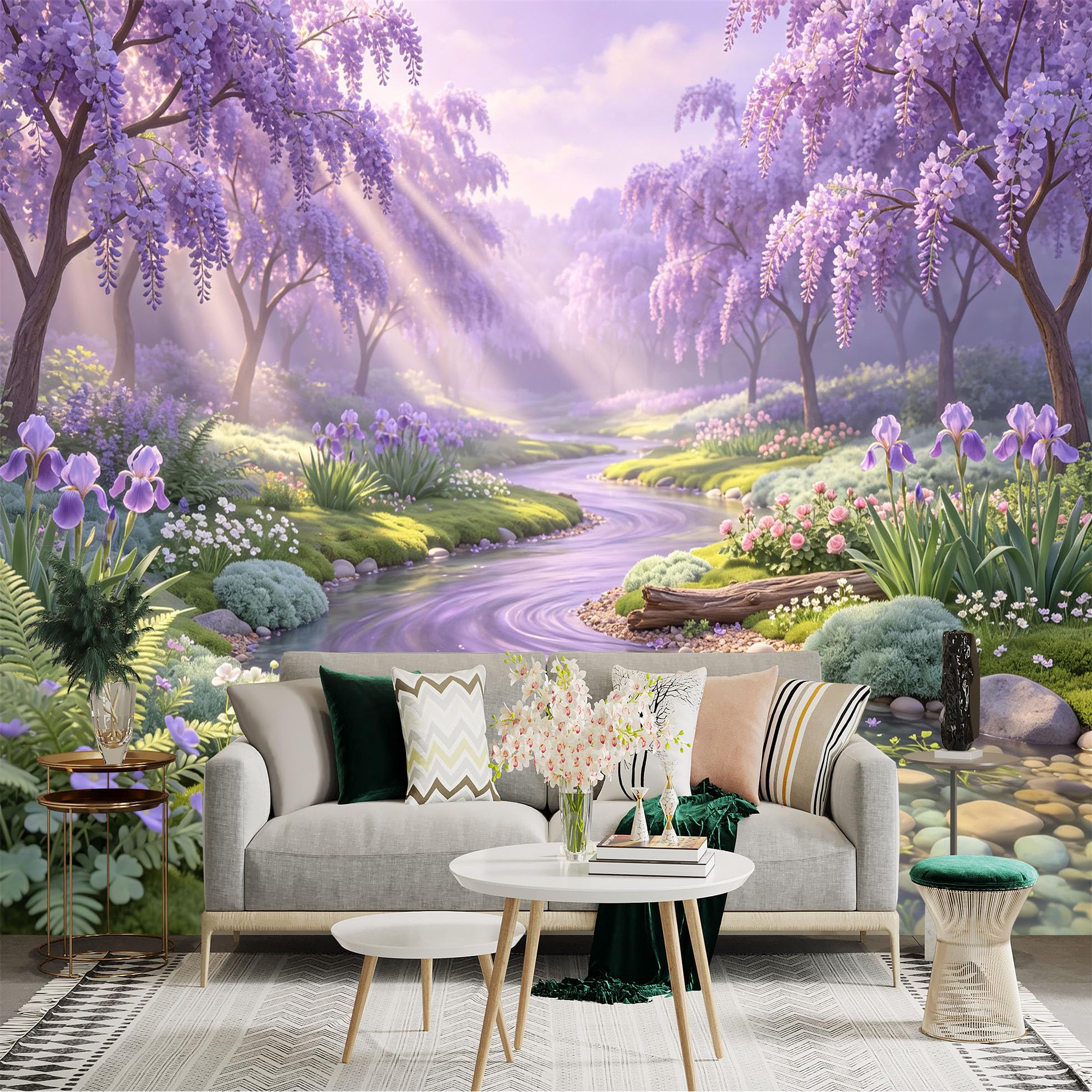 Lnzczhyre Bh260719615 Custom Size Wall Sticker Mural， Wisteria Forest Landscape， Flowing River Scene， Enchanting Purple Floral Garden， Serene Nature View， For Wall Decoration， Peelandstick Wall Decals.