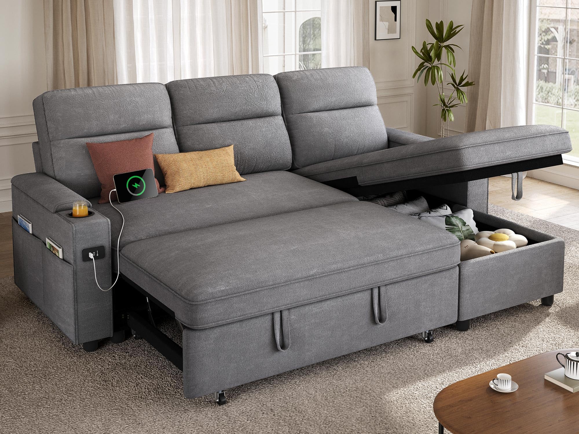 Photo 1 of YITAHOME Sleeper Sofa Bed, 3-in-1 Pull Out Sectional Sofa Couch with Storage in Chaise & Armrests, USB & Type-C Ports, Cup Holders, Linen Fabric Pullout Couch for Living Room, Apartment, Dark Gray (carton 2/2 partial set) 