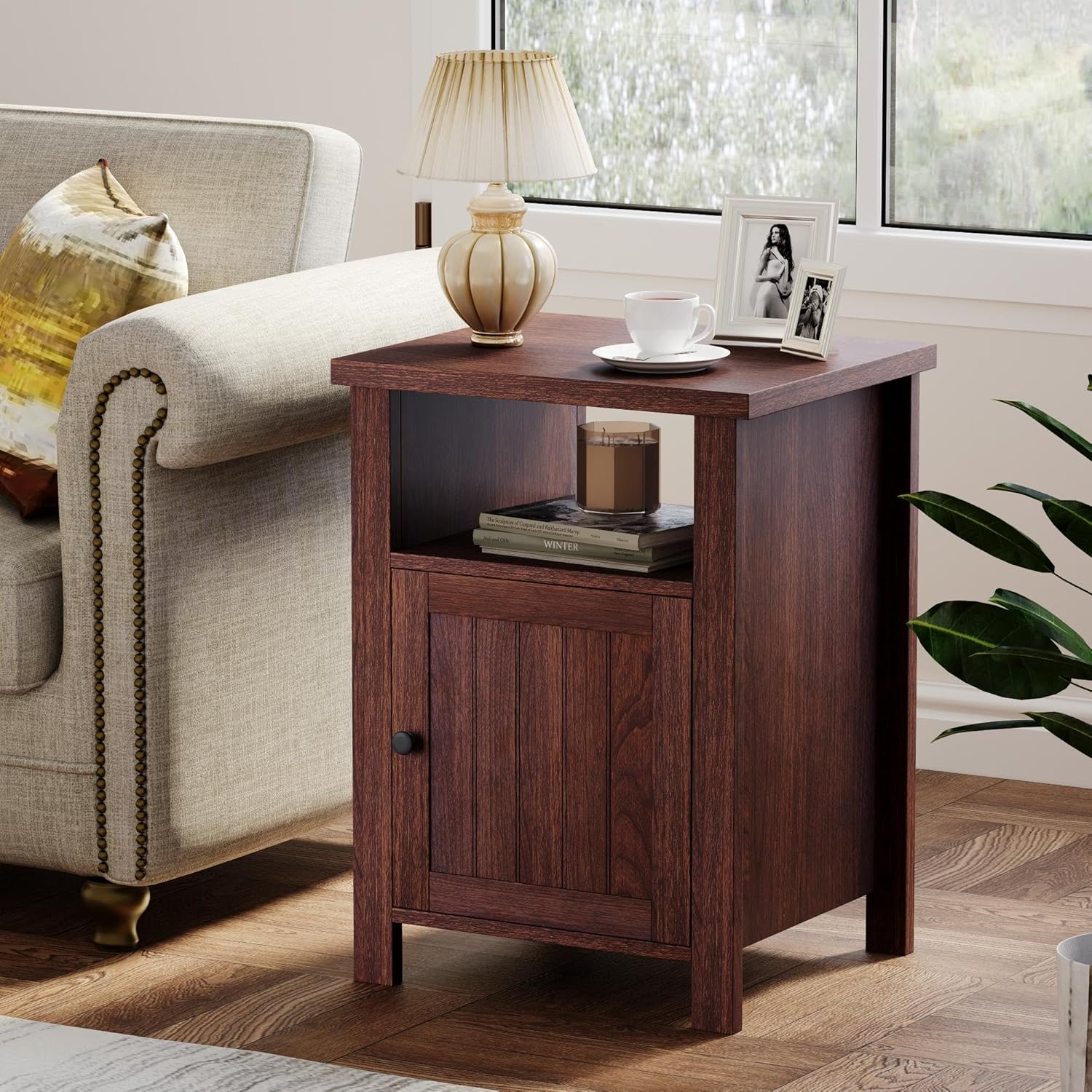 choochoo farmhouse nightstands set of 2, rustic vintage end side table with storage and open shelf, small bedside tables for bedroom, walnut