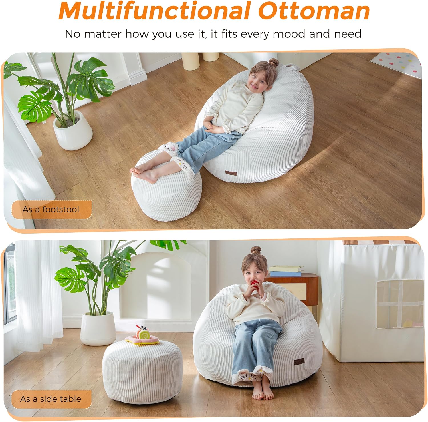 MAXYOYO Kids Bean Bag Chair with Ottoman, Soft Floor Bean Bag Sofa, Beige | Convenient Handled Floor Seat for Boys and Girls, Comfy Sofa with Removable Cover, Toddler Lounge Chair for Playroom, Bedroom