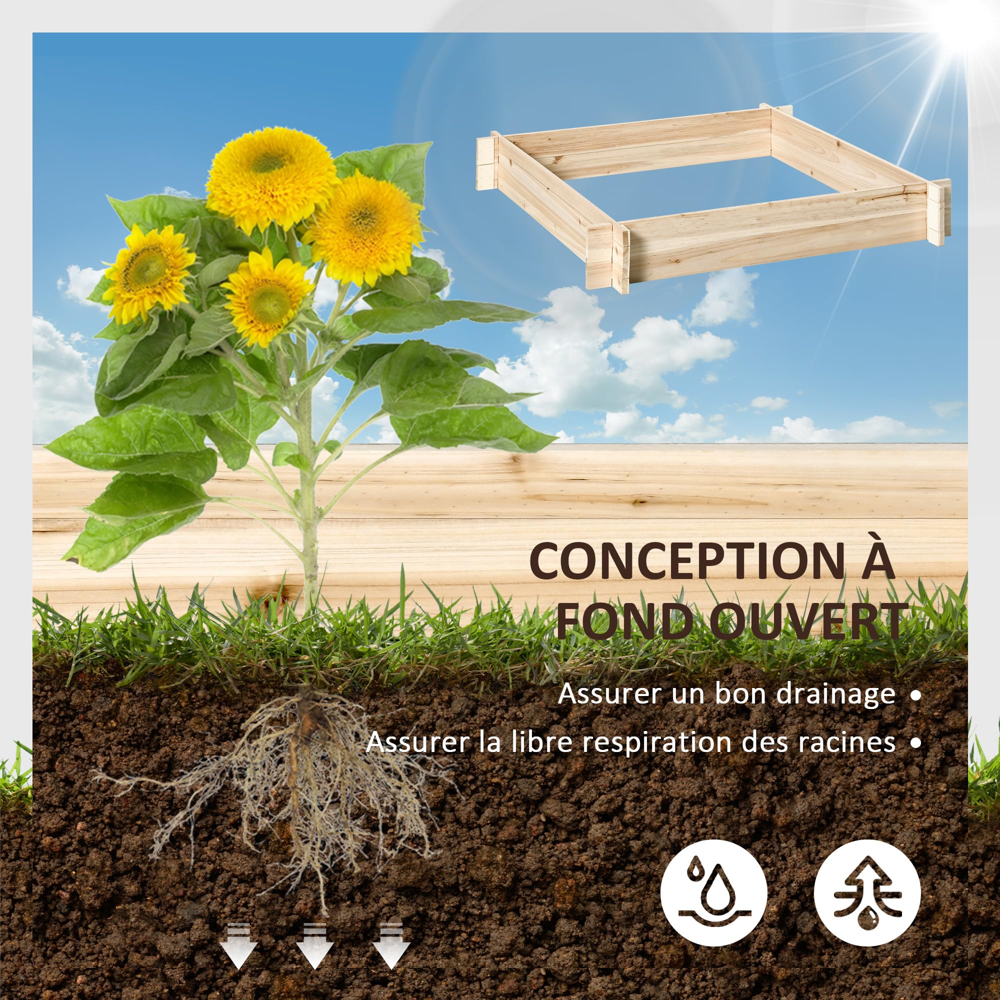 Outsunny Jardinière en Bois, carré Potager de Jardin, Design sans Fond, Facile à Assembler, pour légumes, Herbes et Fleurs, en Bois Massif, Bois Naturel