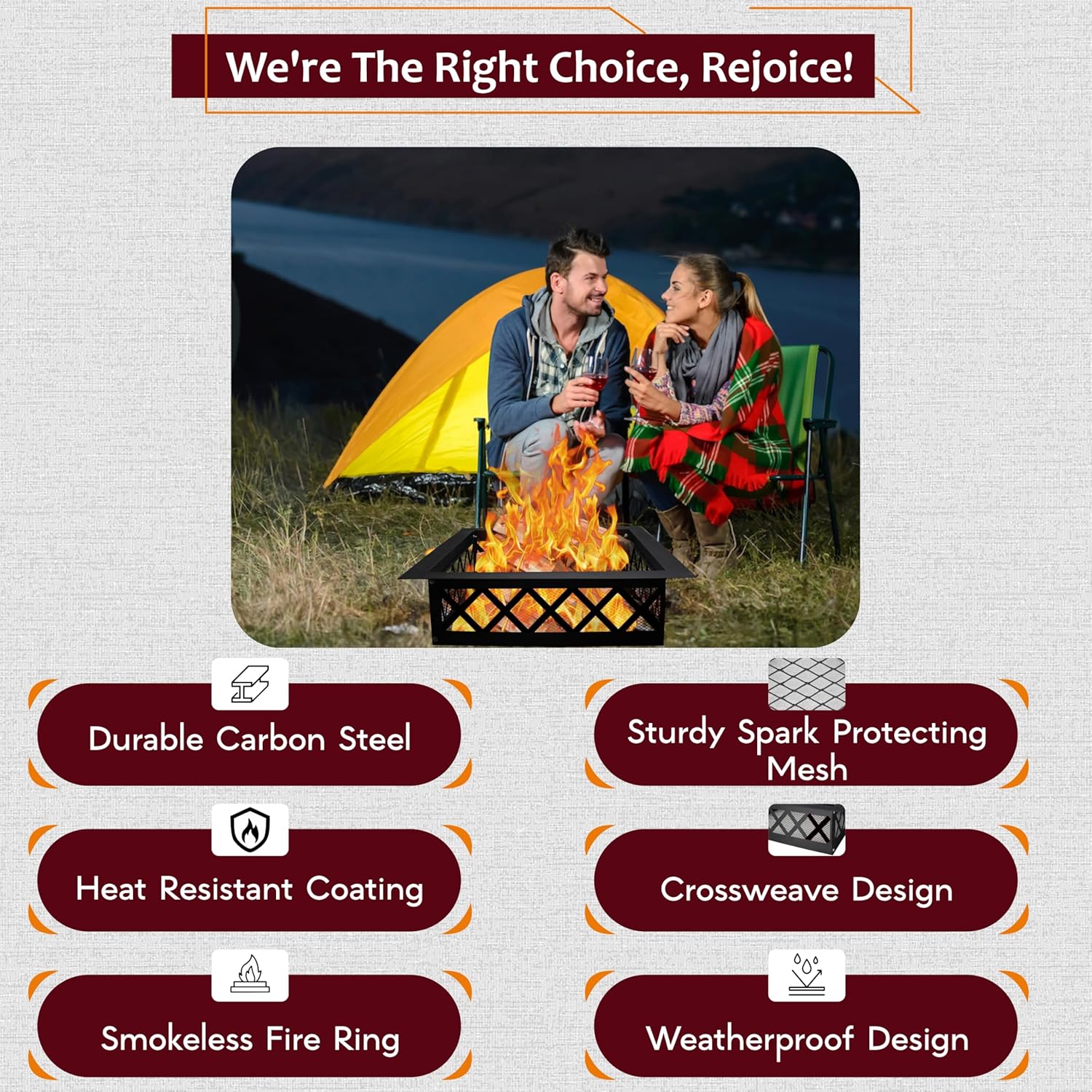 FEBTECH Portable Fire Pit Ring Square - Solid Carbon Steel 36 Inch Square Fire Ring Insert with Crossweave Design & in-Built Spark Protective Mesh – Perfect for Outdoor Gatherings & Camping Bonfires