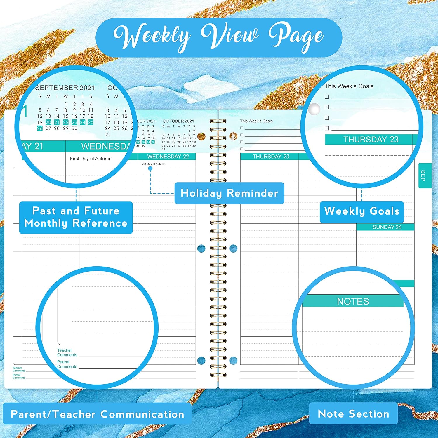 2021-2022 Student Planner - Student Planner 2021-2022 for School Year from July 2021 to June 2022, 10.83" × 8.35", Academic Weekly Lesson Planner, Planning Stickers, 12 Monthly Tabs - Blue Ink Pattern