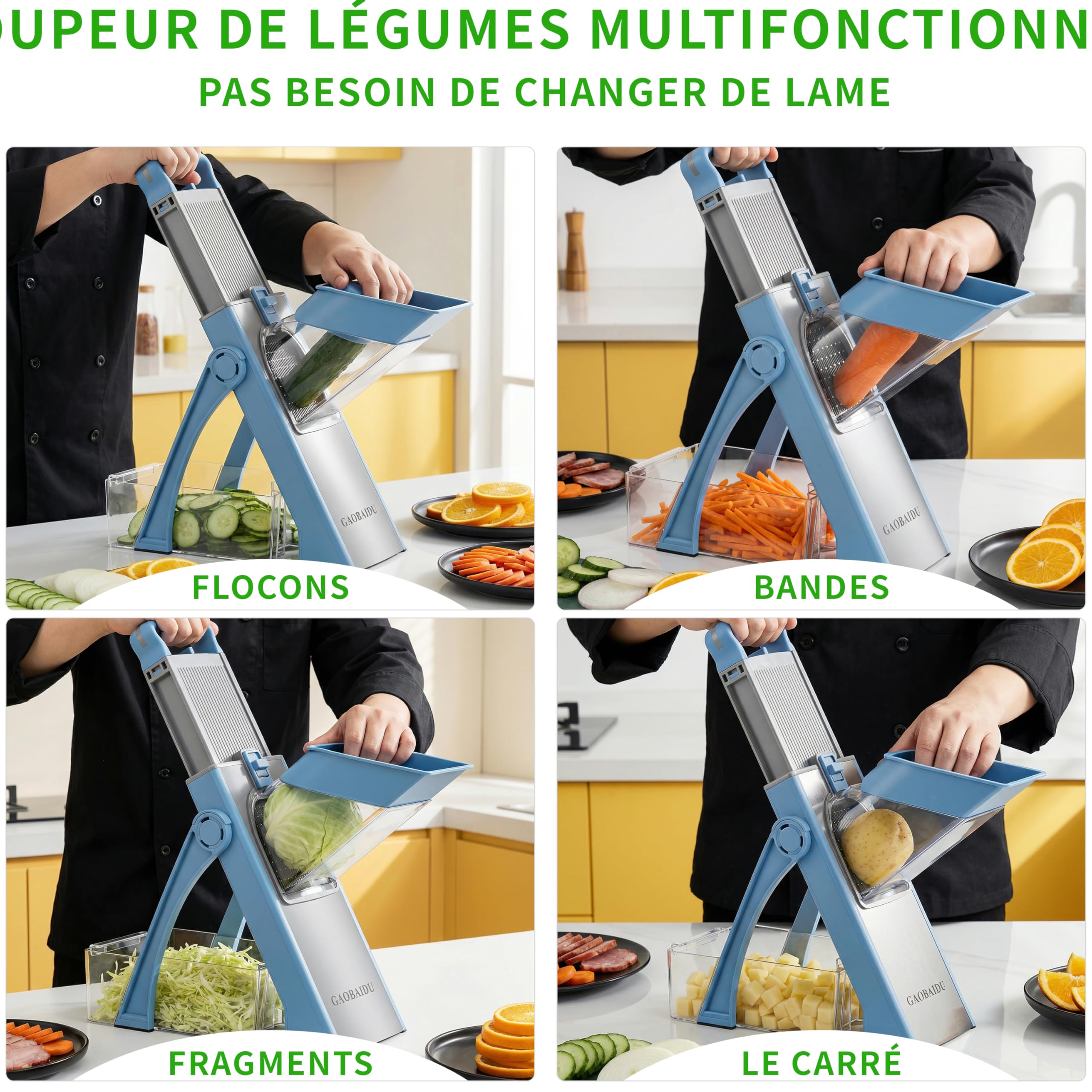 Mandoline de Cuisine Safety Slicer Manuelle Multifonction Tous Coupe Légumes Lame en Acier Inoxydable, Coupe Légumes en Julienne, Cubes et Patate Frite (bleu grand)