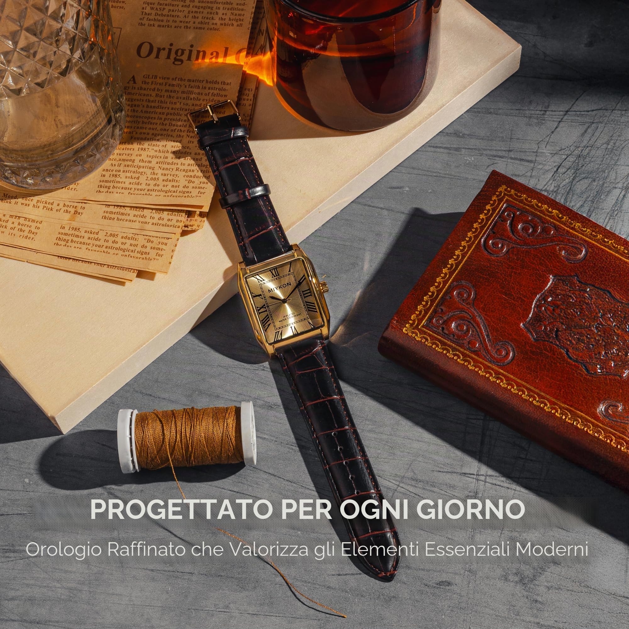Miykon Orologio vintage da uomo, analogico, quadrato, con cinturino in vera pelle, per abiti classici, vetro lucidato agli ioni, resistente ai graffi, al quarzo giapponese, impermeabile fino a 30,5 m