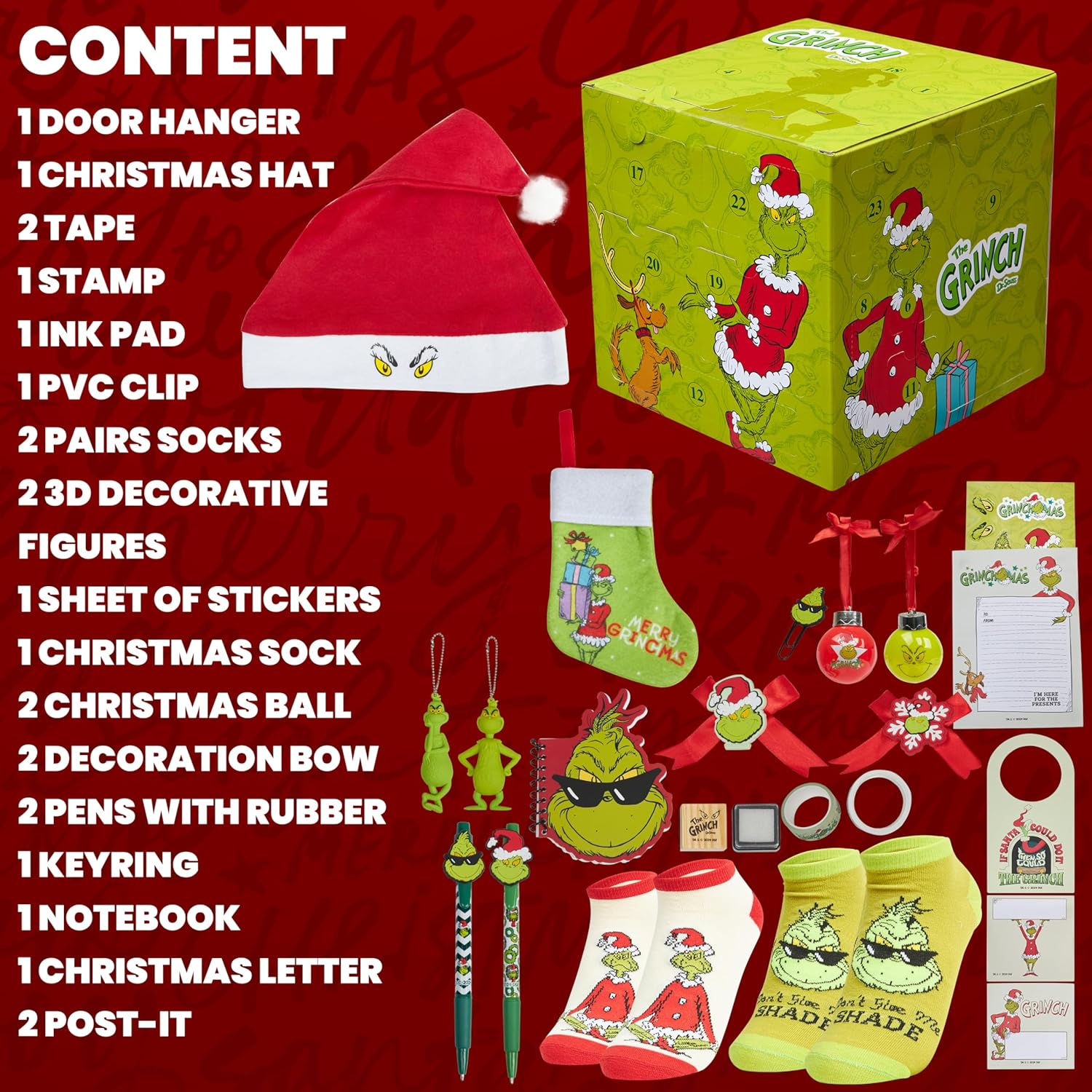 The Grinch Advent Calendar 2025 For Women, Teens, 24 Christmas Countdown Calendar Decorations Santa Hat Socks Key Ring Xmas Decor Gifts for Women