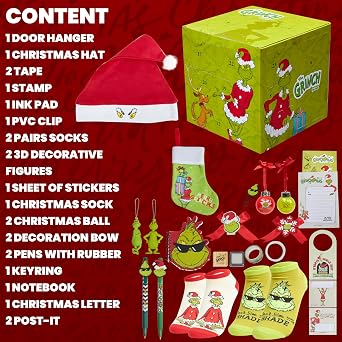 The Grinch Advent Calendar 2025 For Women, Teens, 24 Christmas Countdown Calendar Decorations Santa Hat Socks Key Ring Xmas Decor Gifts for Women