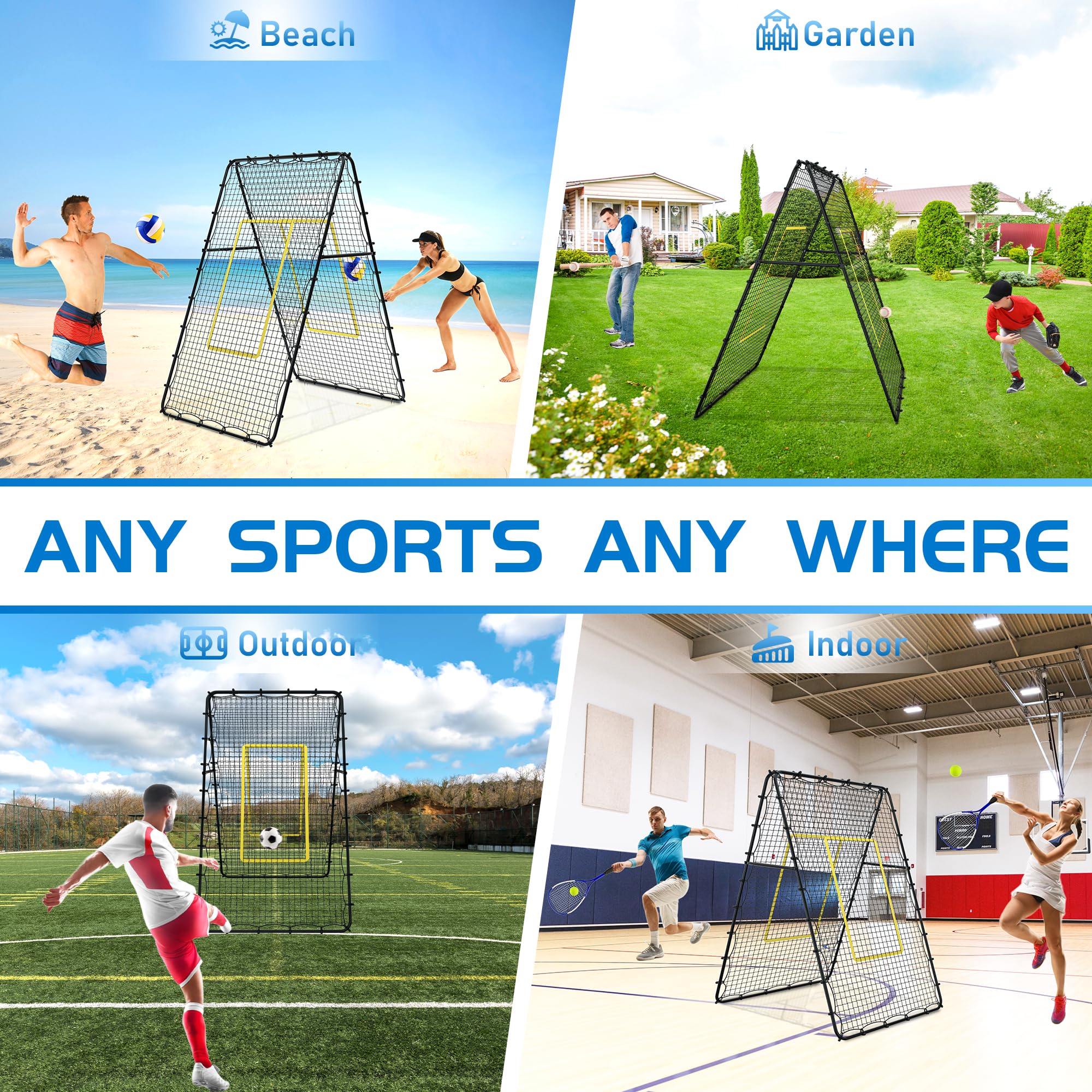 Jolitac Doppelseitiges Volleyball Rebounder Net, Trainingsgerät Rückprallwand Netz mit Schlag-Zone, Double Sided Rücksprungnetz for Volleyball Fußball Baseball Lacrosse Tennis 213x122cm