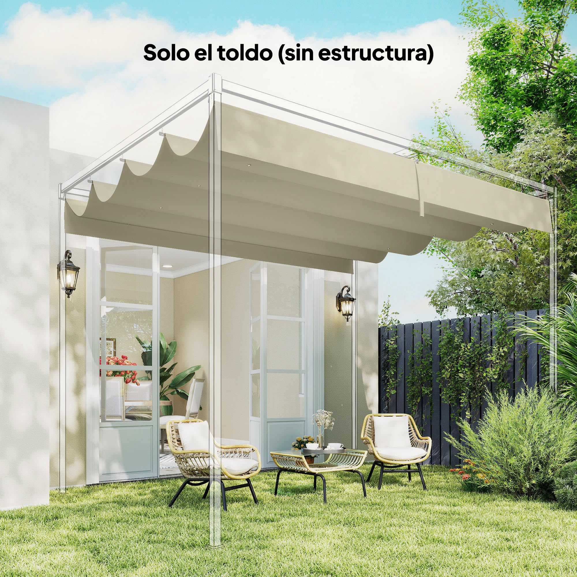 Outsunny Techo de Pérgola 4 x 3,5 m, Techo de Repuesto Retráctil para Marco de Pérgola de 4x3 m, UV30+, Toldo de Tela Solo para Cenador Jardín con 8 Orificios de Drenaje, Blanco Crema — view 6