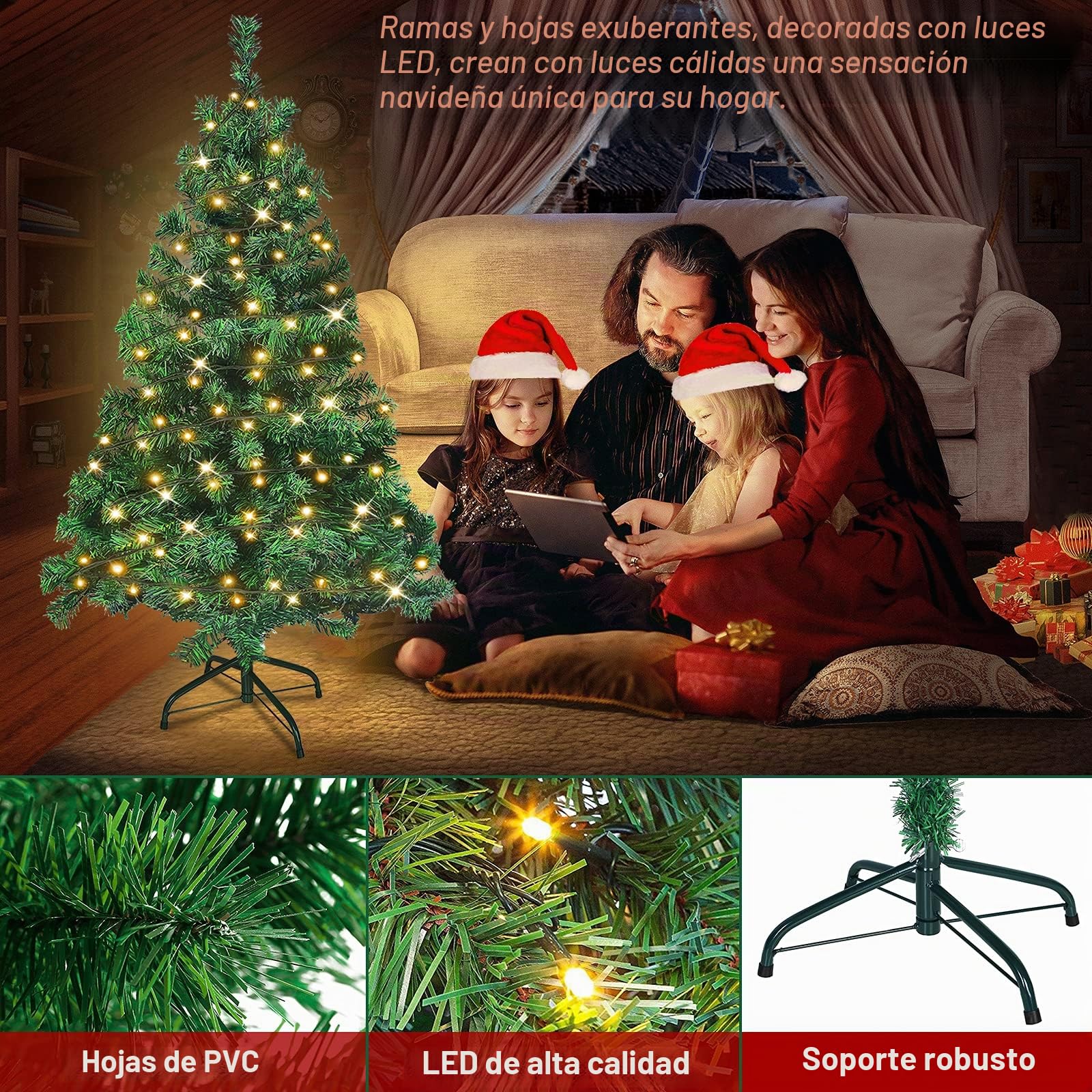 HENGMEI PVC Árbol de Navidad Artificial con Iluminación 210 cm LED con Soporte Decoración de Navidad (210 cm 350 Luces)