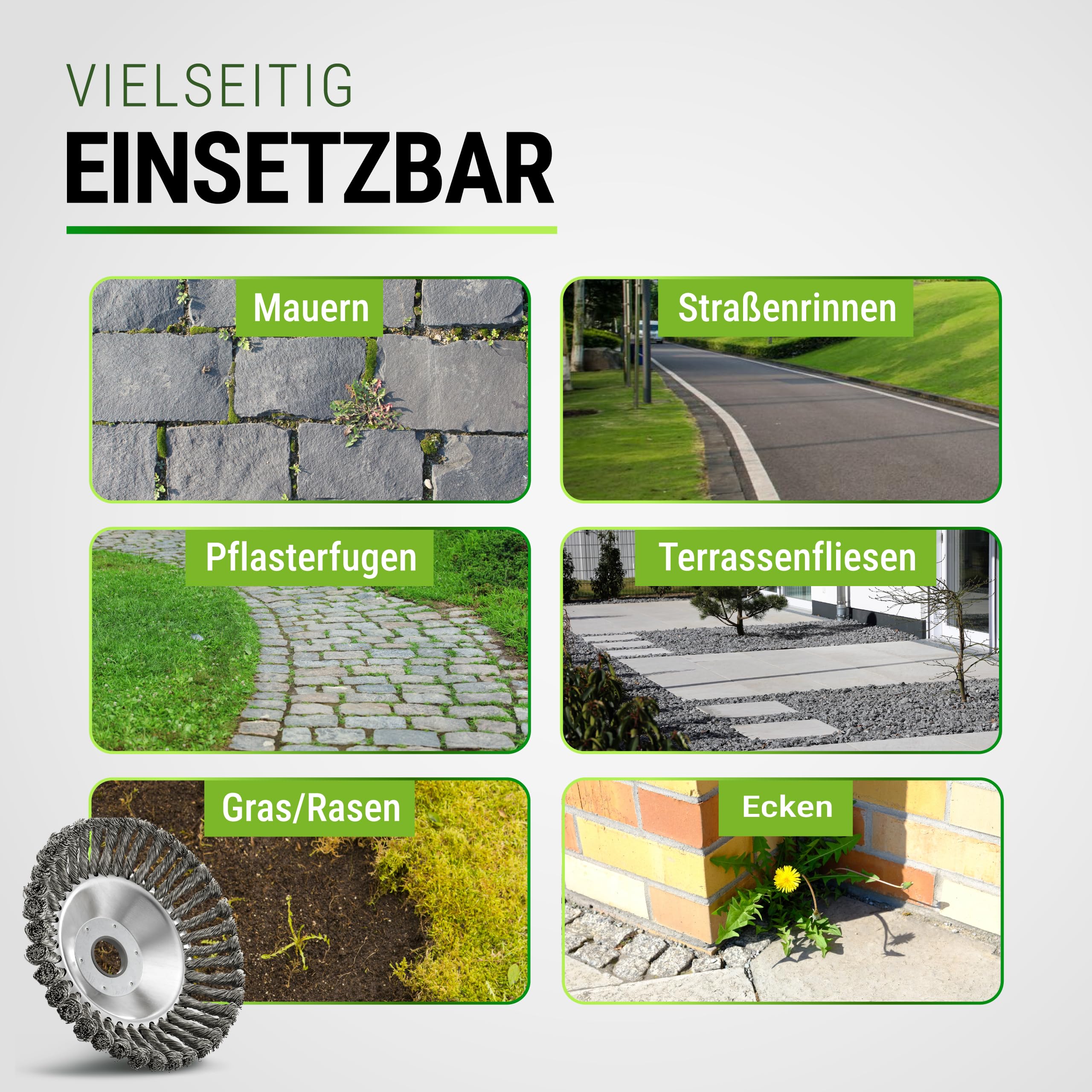 FISO® Profi Unkrautbürste - 2 Stück I Universal Wildkrautbürste für Motorsense - 25,4mm Bohrung & 20mm Adapter I Drahtbürste Freischneider für effektive Unkrautentfernung I Unkraut Bürste
