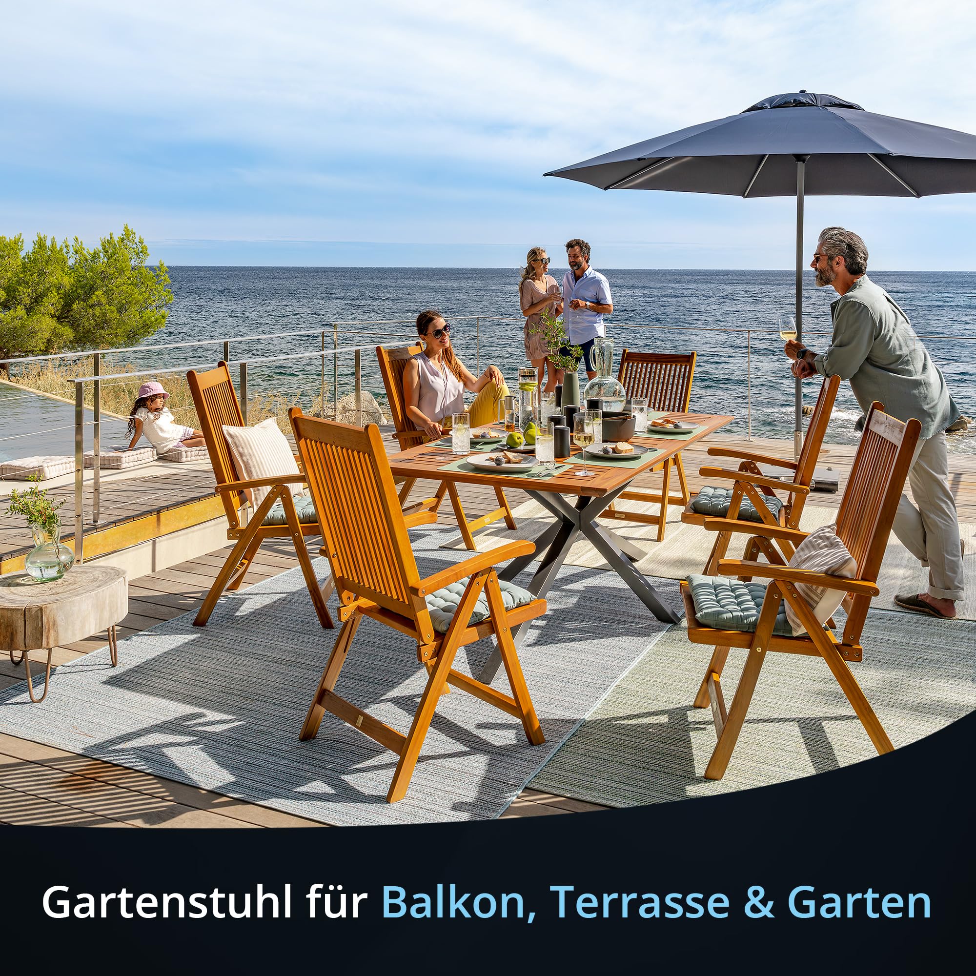 KHG Gartenstuhl mit Armlehnen 100% Akazien-Echtholz, vielseitig einsetzbar | klappbar, wetterfest, verstellbare Rückenlehne, Hochlehner, Klappstuhl, 110 kg belastbar, braun, praktisch im Alltag