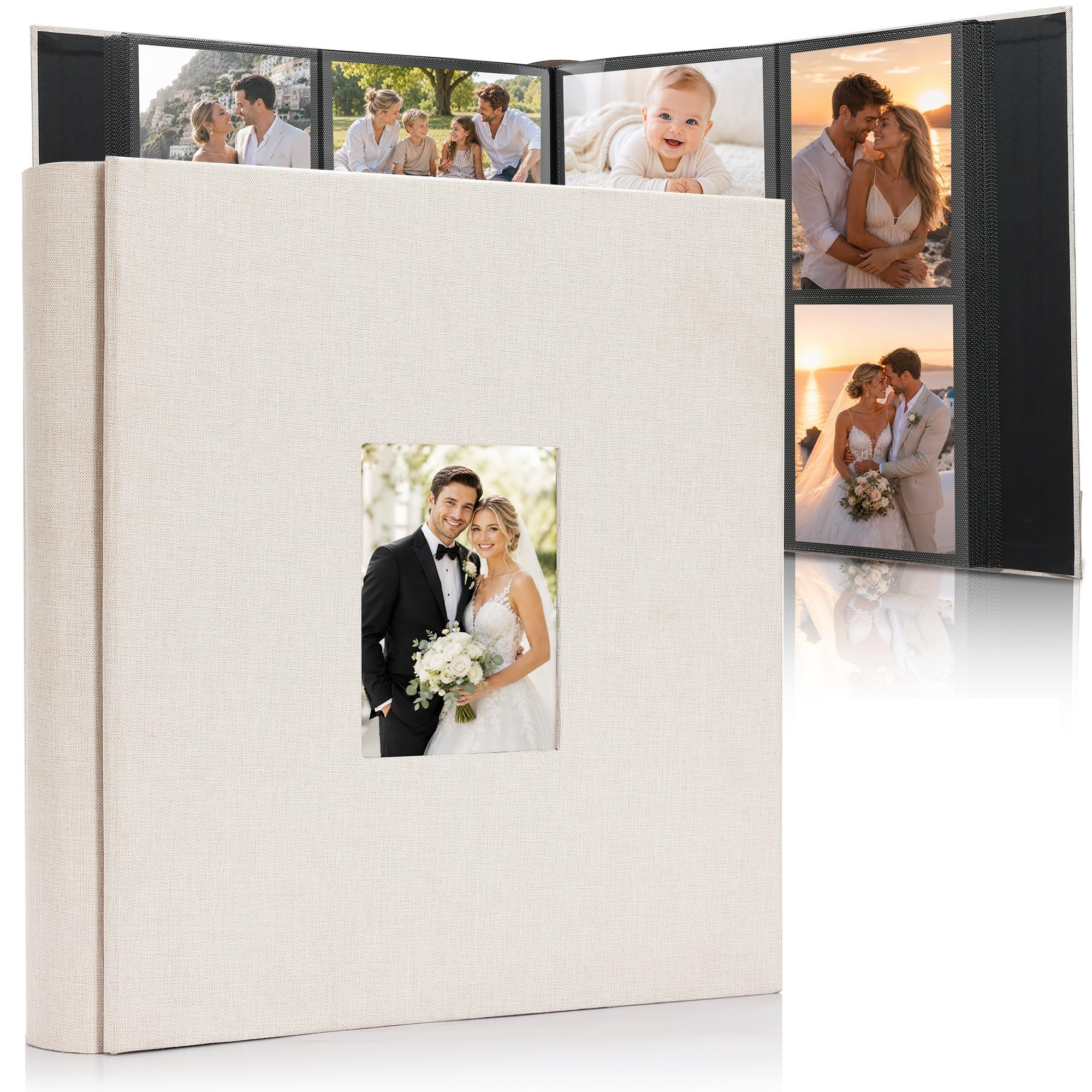 DazSpirit Fotoalbum 10x15 cm zum Einstecken – Leinen-Fotobuch mit 300 Taschen, schwarzen Seiten, gepolstertem Einband & personalisierbarem Frontfenster – Ideal für Hochzeit, Familie, Baby & Reisen