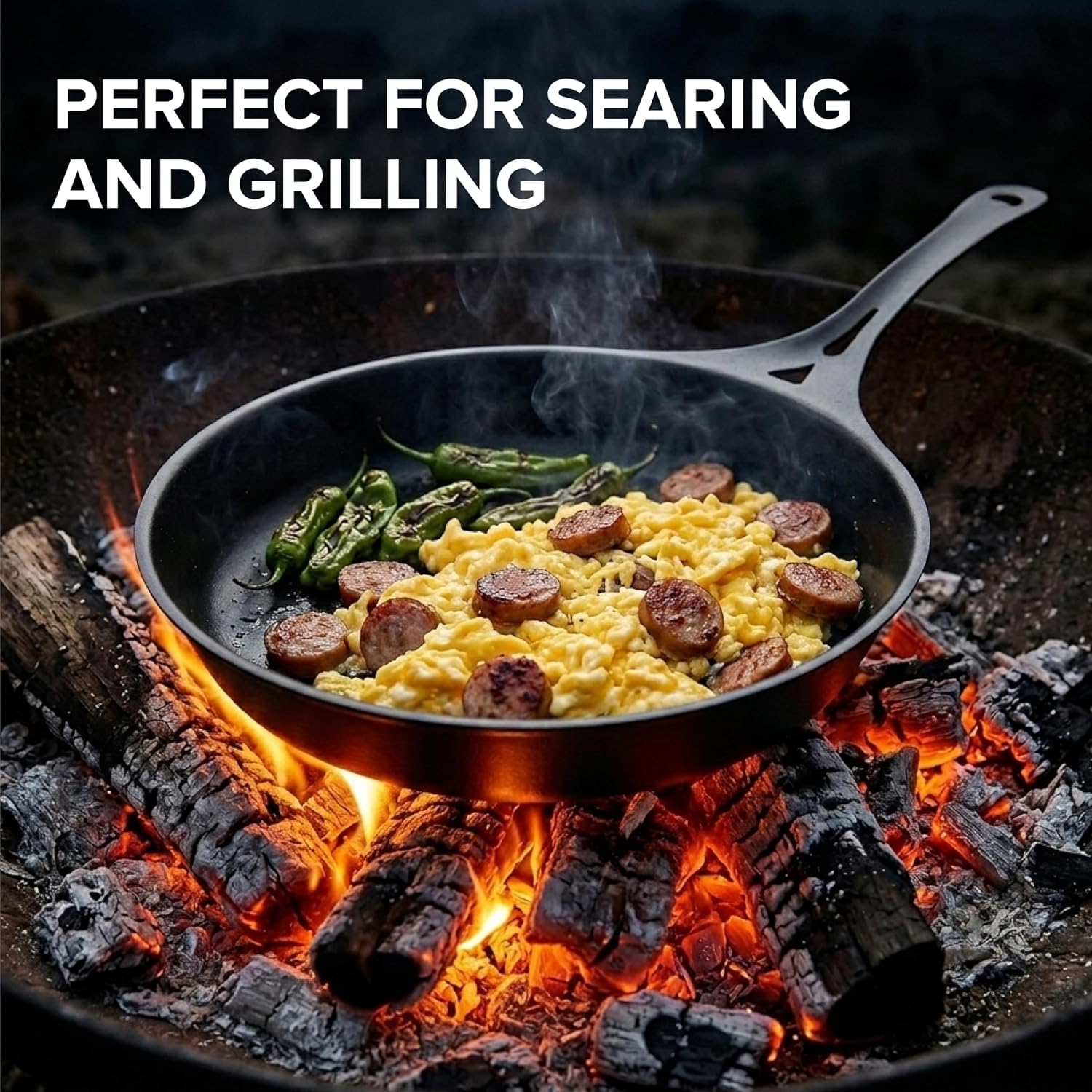 SOLIDTEKNICS 9.5" Outdoor Skillet Set – Naturally Seasoned Australian Iron Skillet with Lil Flippa Stainless Flipper & Mini Pan Scraper Camping Cookware for Grill, Smoker & Campfire Cooking