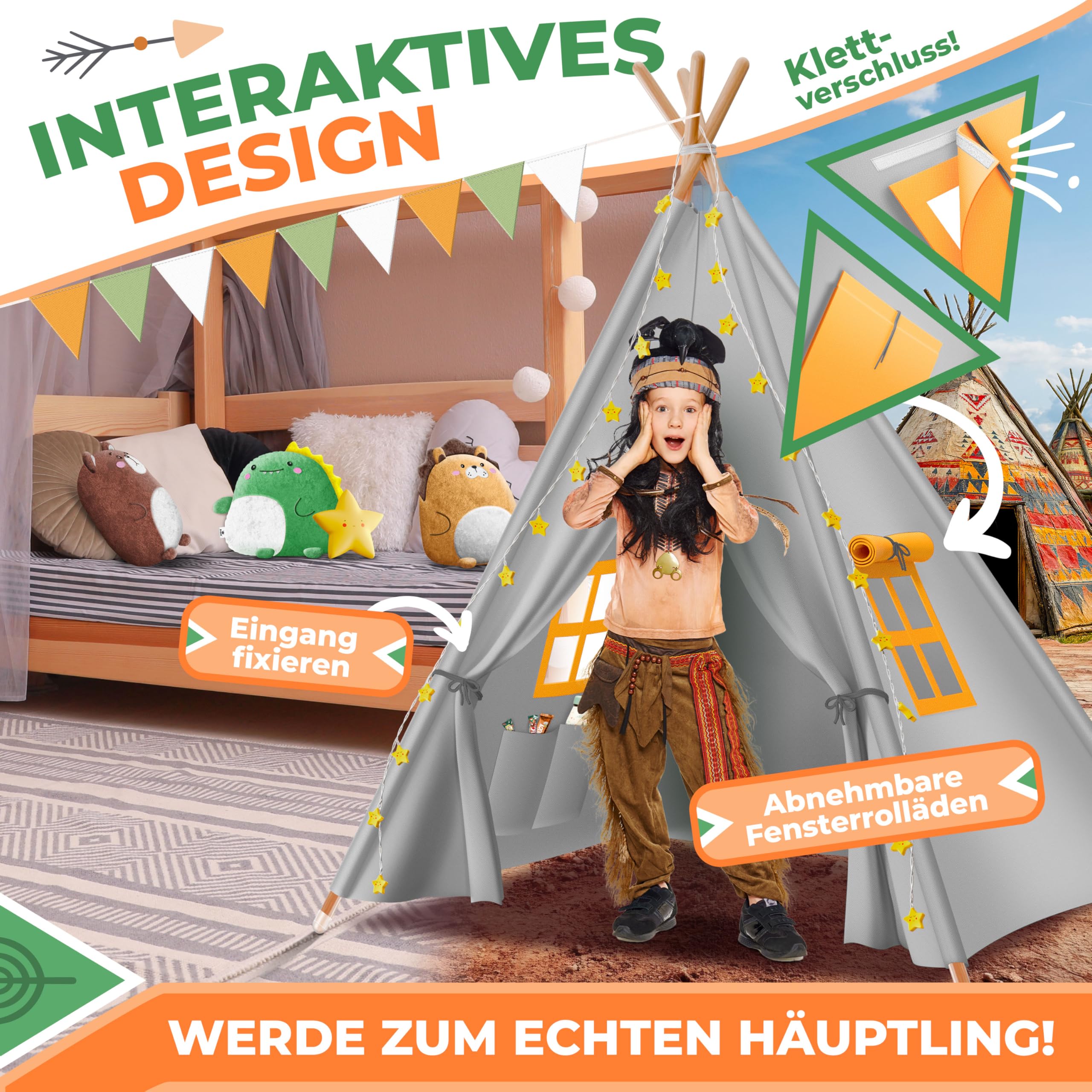 KIDIZ® Tipi Zelt für Kinder Spielzelt 100x100x160cm Kinderzelt aus Baumwolle mit LED-Lichterkette, Leuchtstern, Fahnengirlande, 3 Plüschtiere, Untermatte & Tragetasche Spielhaus für drinnen & draußen