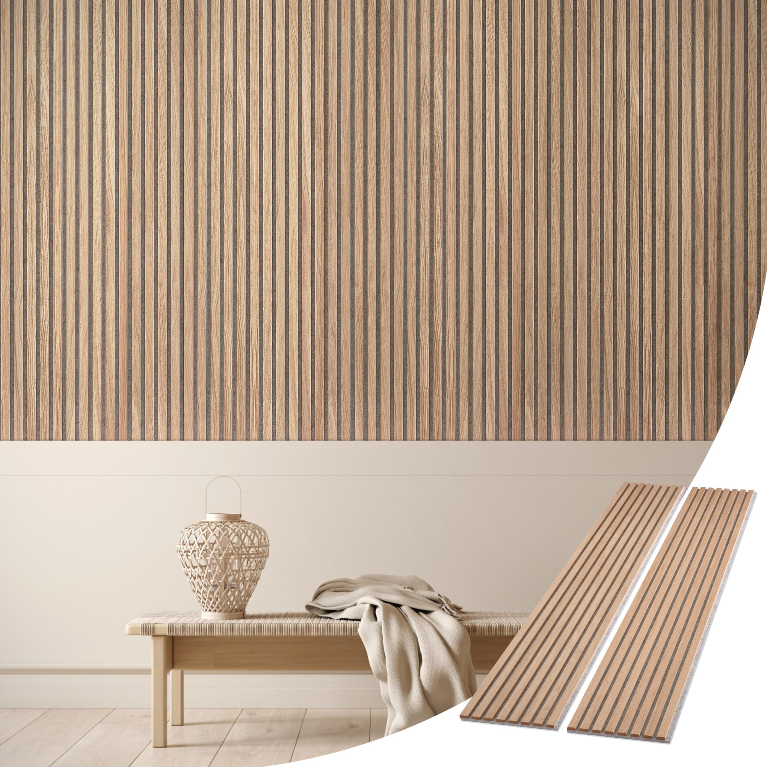 WVH Slatpanel Oak Gray Felt– Acoustic 3D Textured Wood Panels for Walls & Ceilings | Decorative Panels for Homes, Offices & Studios | 2 x-94.49” x 12.6” | Real wood veneer, MDF, Felt