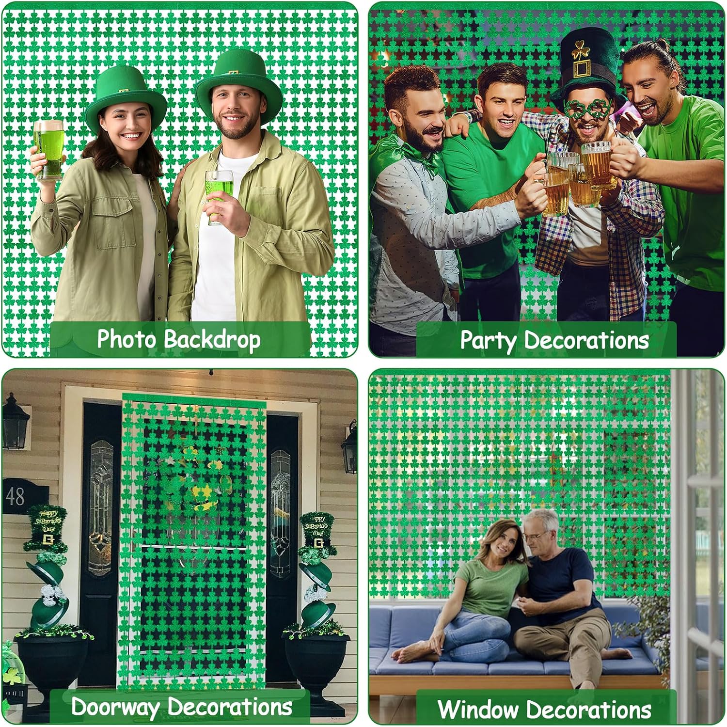 4 Pack St. Patrick's Day Foil Fringe Curtains St Patricks Day Decorations, 3.3 x 6.6 Ft Green Shamrock Clover Tinsel Fringe Curtain Photo Prop Backdrop Streamers for Irish Theme Party Decor