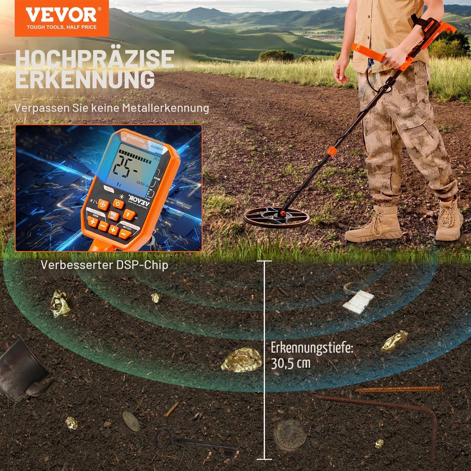VEVOR Metalldetektor Profi, Metal Detector mit 30 cm Suchspule, 7 Mode, IP68 Tauchtiefe bis zu 3 m Goldsucher mit Verstellbarem Griff Golddetektor inkl. Bluetooth-Headset Präzisions-Ortungsgerät