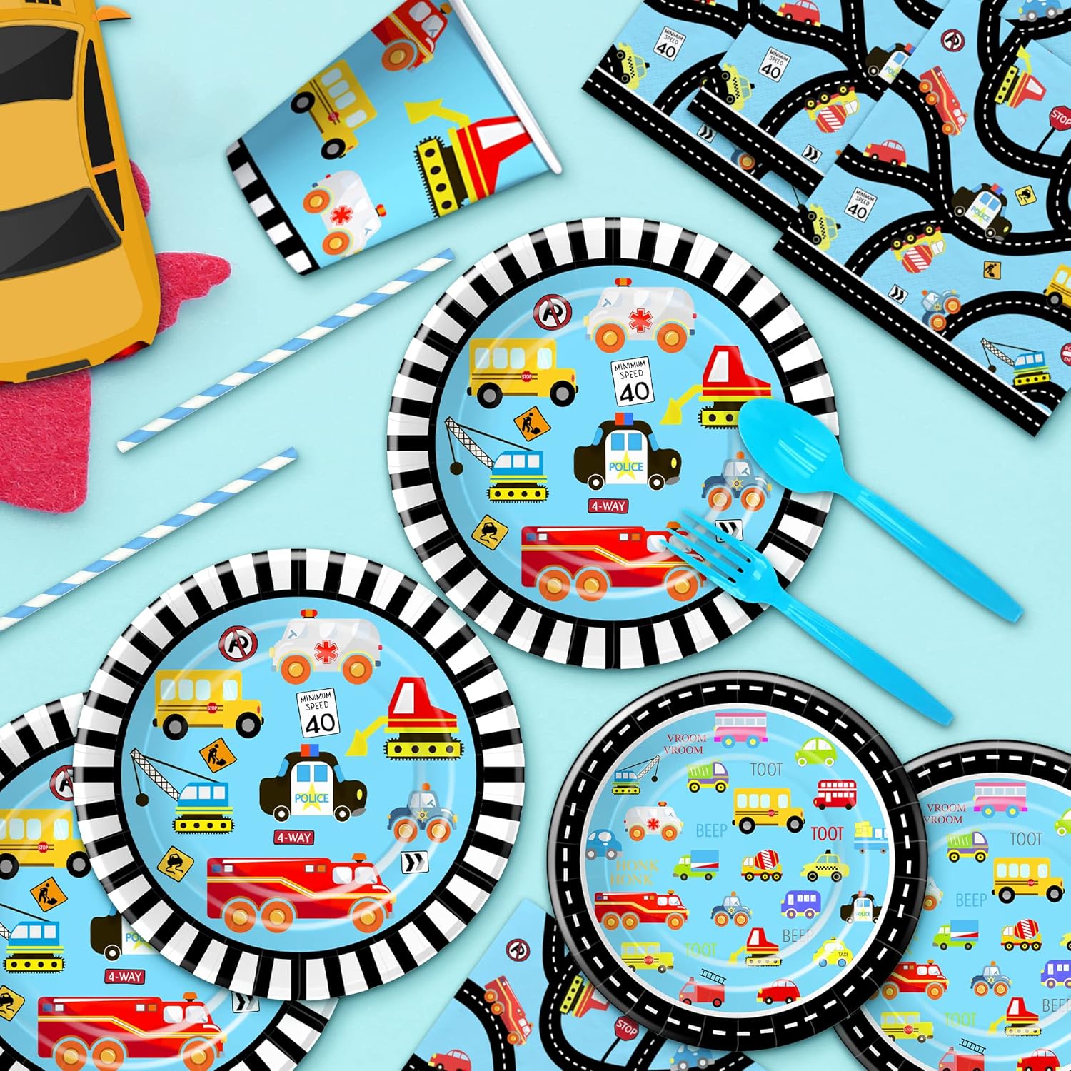 Xigejob Traffic Jam Cars Trucks Transportation Birthday Party Supplies Dinnerware, Plate, Cup, Napkin, Tablecloth, Cutlery, Straw, Construction Transport Vehicle Party Decorations Tableware | Serve 24 - Image 6