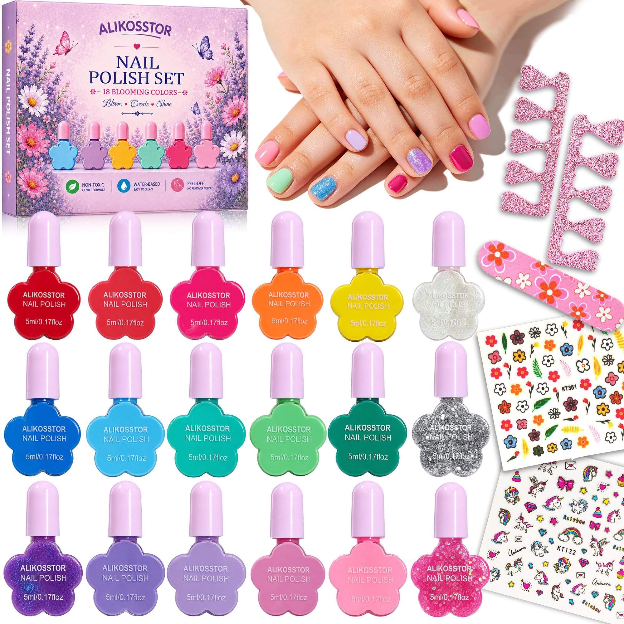 Kids Nail Polish Set, 18 Colors Non Toxic Water Based Peel Off Nail Polish with Nail Stickers & Toe Separators, Quick Dry DIY Manicure Gift Kit for Toddler Girls