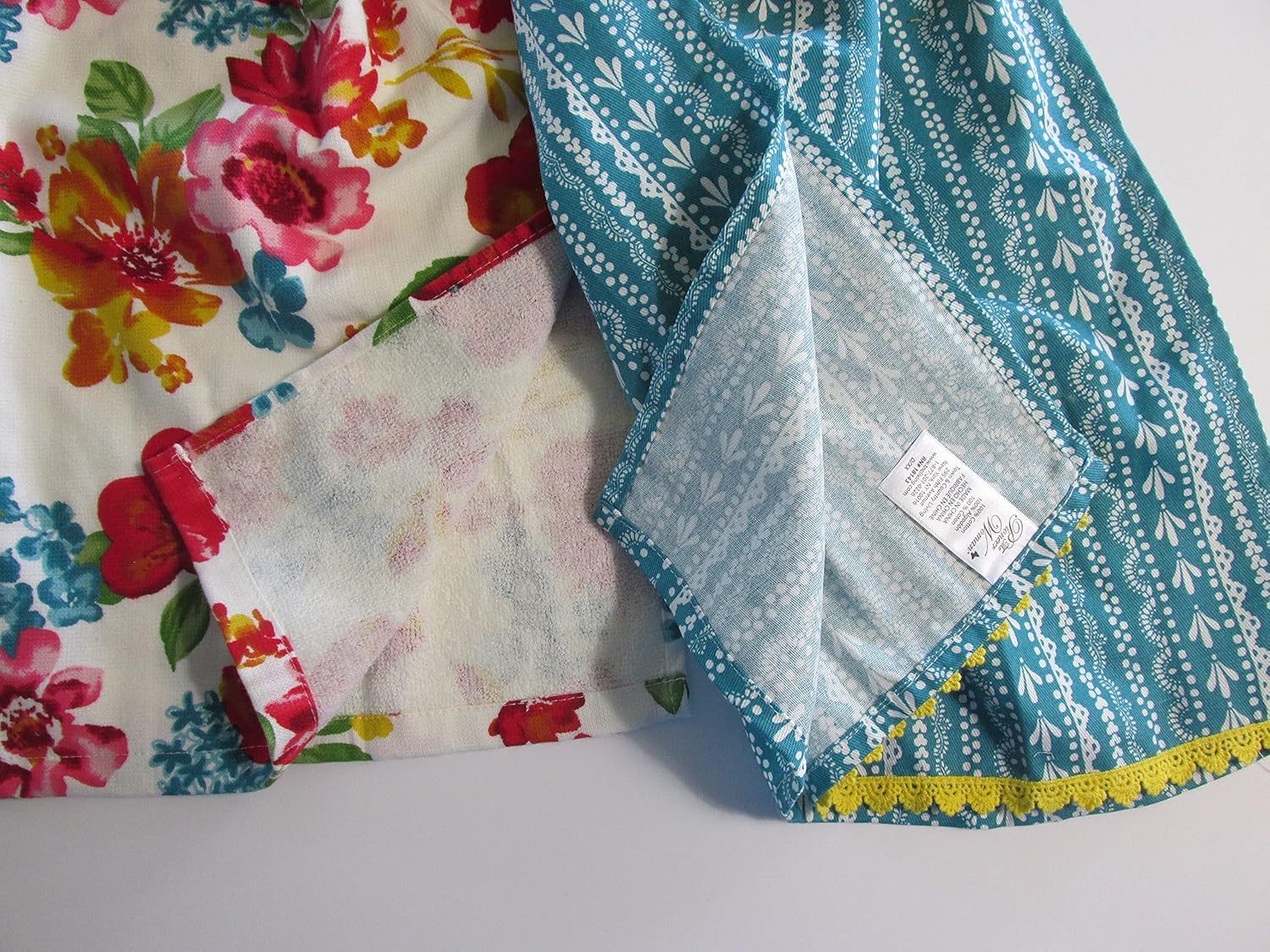 Set of 2 Wildflower Whimsy Double Layer Hanging Kitchen Hand Towels Yellow Crochet Top Towels