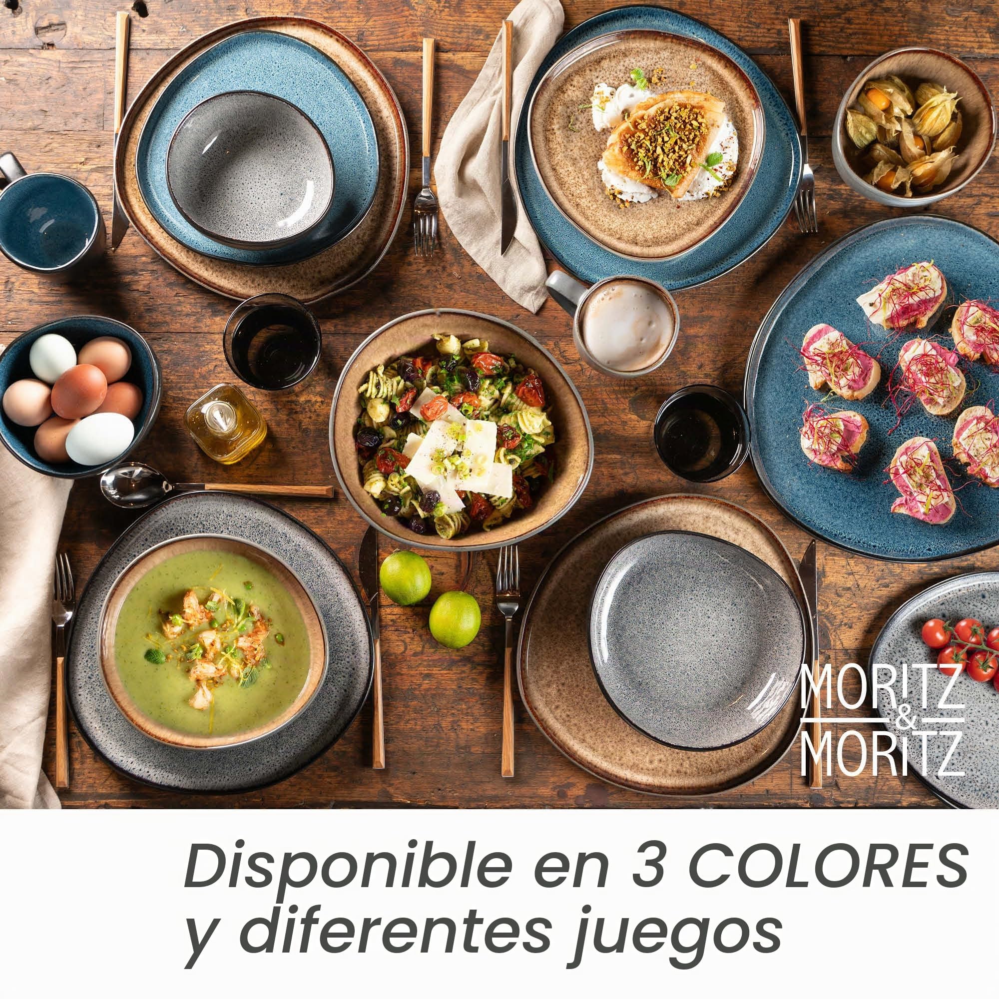 Moritz & Moritz Vajilla de 18 piezas para 6 personas, color gris, elegante juego de platos de gres de alta calidad, vajilla para 6 personas, 6 platos de cena, 6 platos de postre, 6 platos hondos