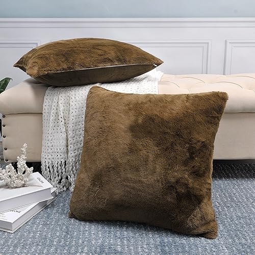 Miniatura 2 de Juego de 2 fundas de almohada cuadradas decorativas de piel sintética de color liso de 20 x 20 pulgadas, fundas de almohada suaves de felpa para