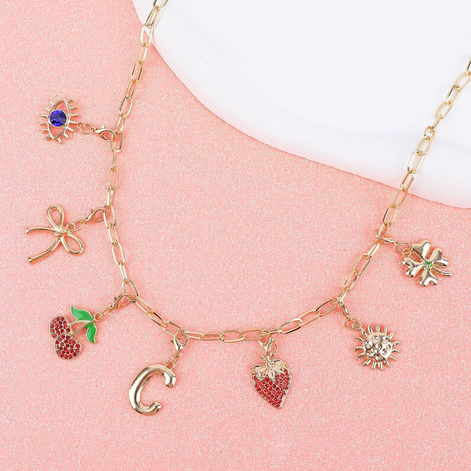 Initial Charm Necklace for Women, Evil Eye Four-Leaf Clover Sun Bow Cherry Strawberry Removable Charms Necklace Paper Clip Chain Choker, Trendy Jewelry Birthday Christmas Gifts for Her (Letter C ) - Image 4
