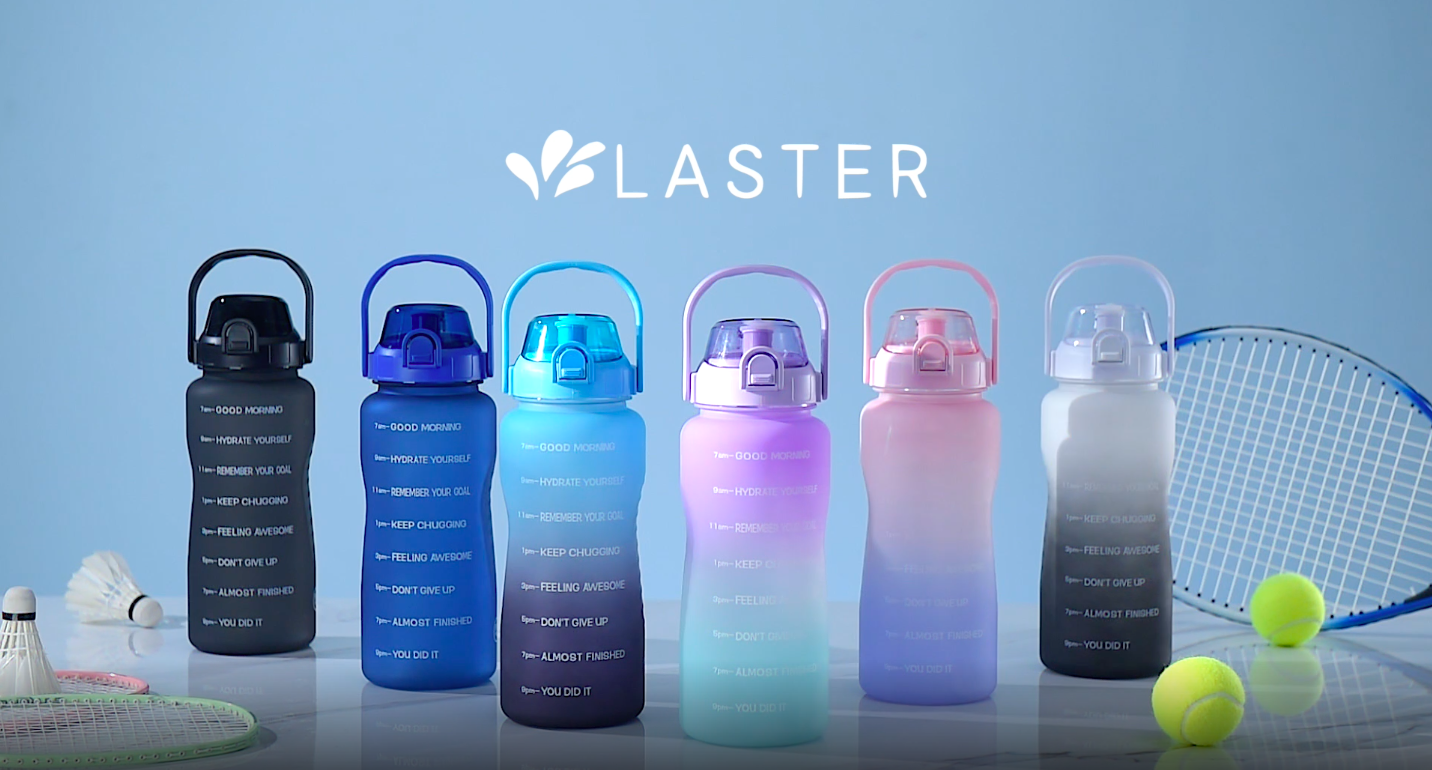Laster 64 Oz Half Gallon Water Bottle With Time Marker - BPA Free, Leak Proof, Motivational Quotes, Paracord Handle (Blue & Black)