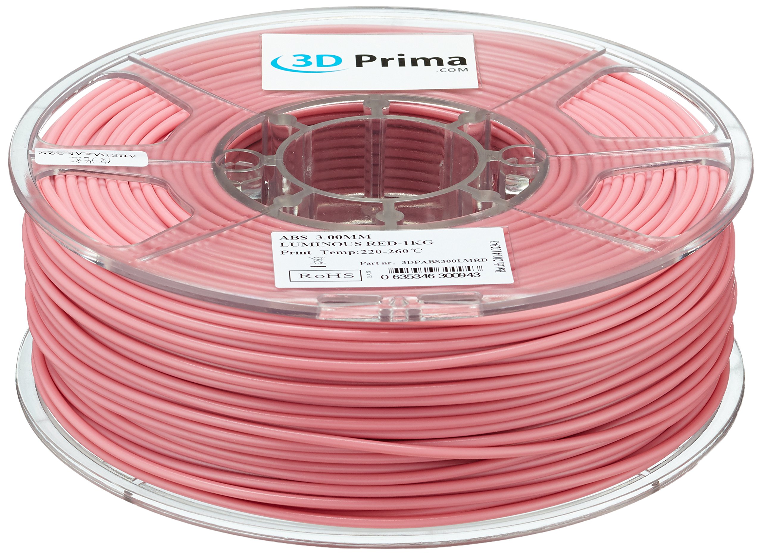 3D Prima 3DPABS300LMRD Print Filament, ABS, 3 mm, 1 kg Spool, Luminous Red - Glow In The Dark