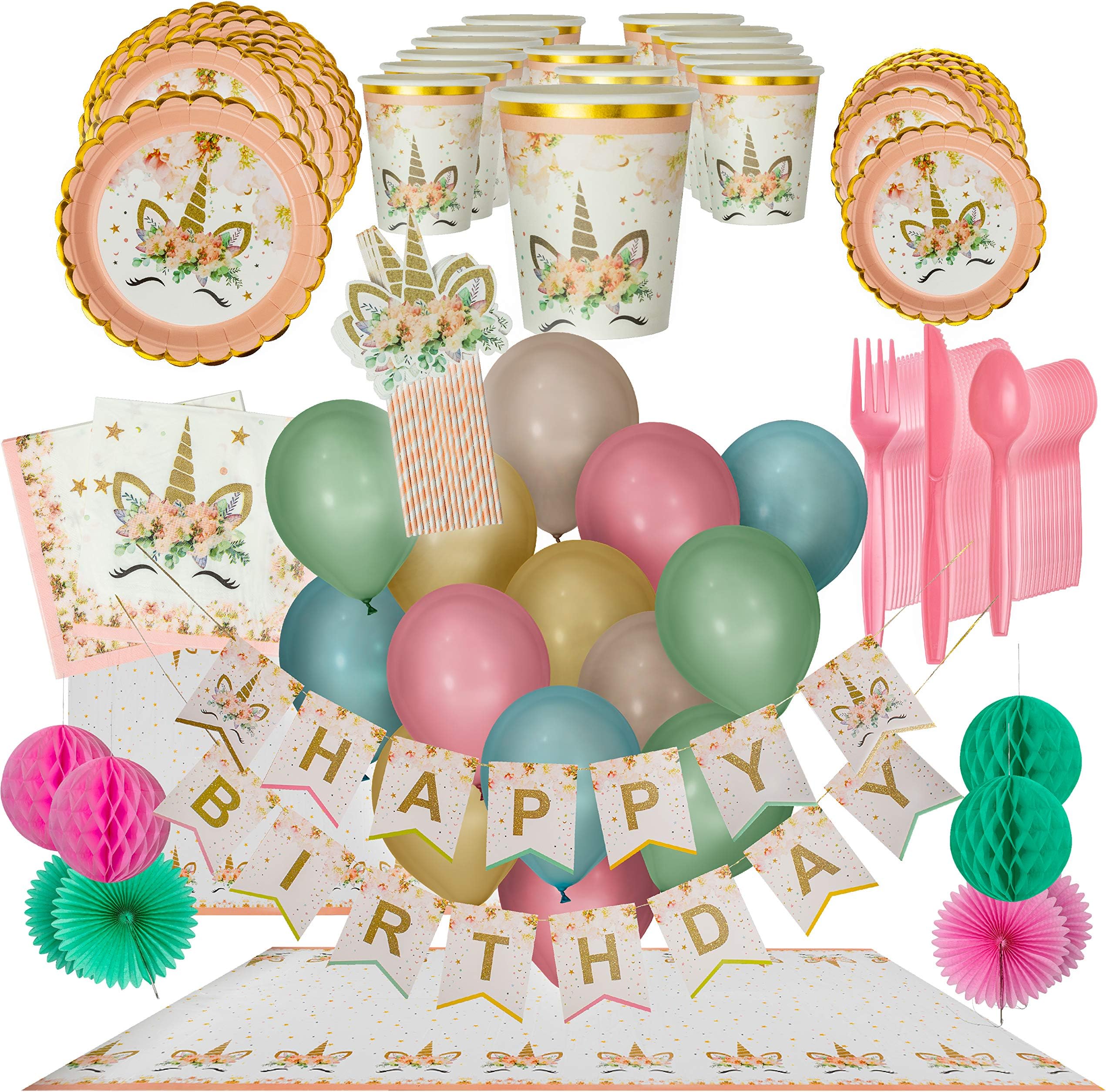 Unicorn Birthday Party Supplies for Girls - Gold-trimmed Plates, Cups, Napkins, Serves 16, Tablecloth, Glittery Banner, Balloons, Pink-striped Unicorn Straws, Cutlery Party Pack-1st Birthday Decor
