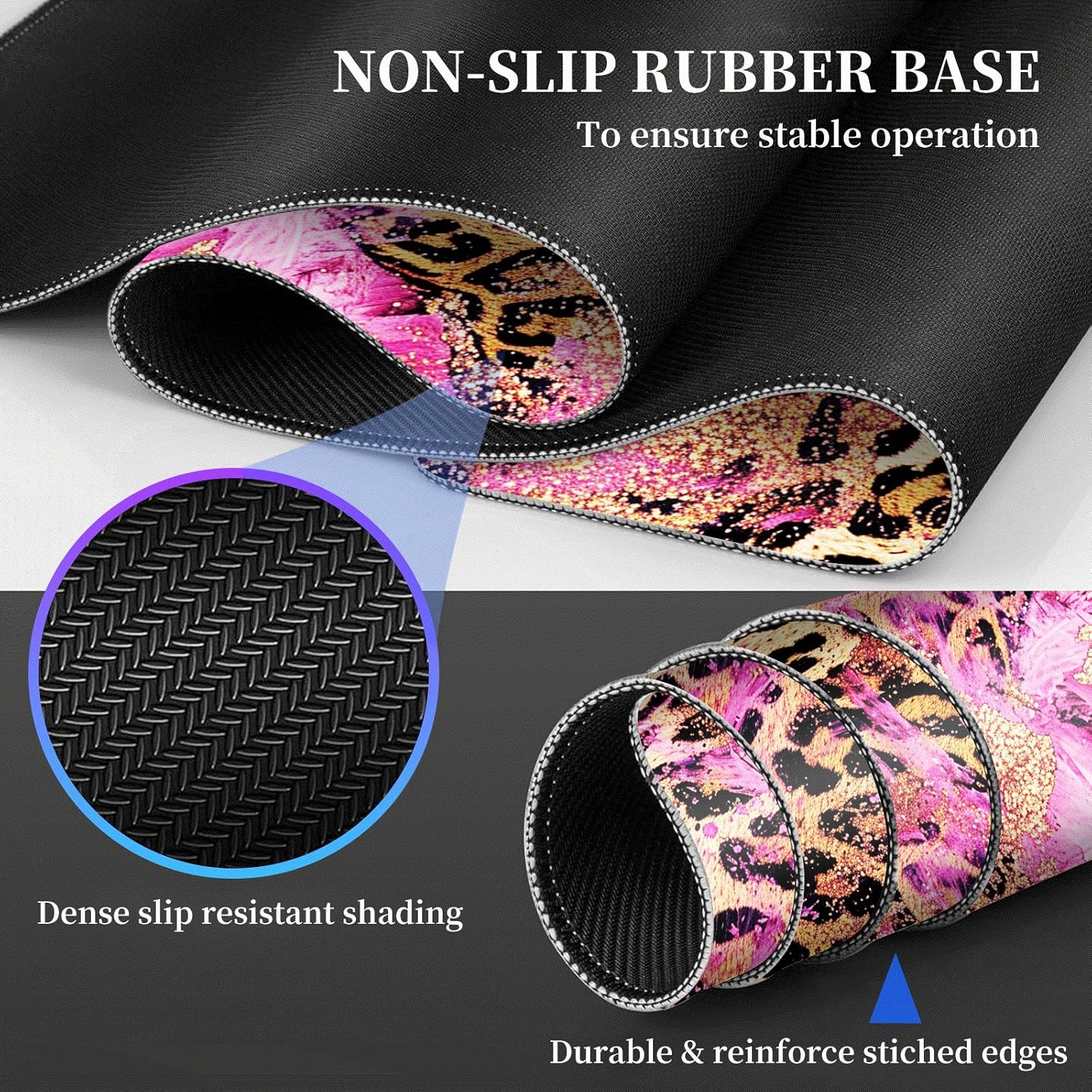 FUYOCWE Pink Leopard Print Desk Mat Mouse Pad Large + Wrist Elbow Rest Pad for Desk + Mouse Pad Small (3 in 1 Set),Cheetah Animal Print Edge Stitch Large Mouse Pad 12"X24",Non Slip Desk Pad Protector
