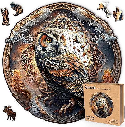 LEOGOR Rompecabezas grande de madera para adultos, búho, (350 piezas, 15 x 14.8 pulgadas), mandala redondo inspirado en la naturaleza, rompecabezas