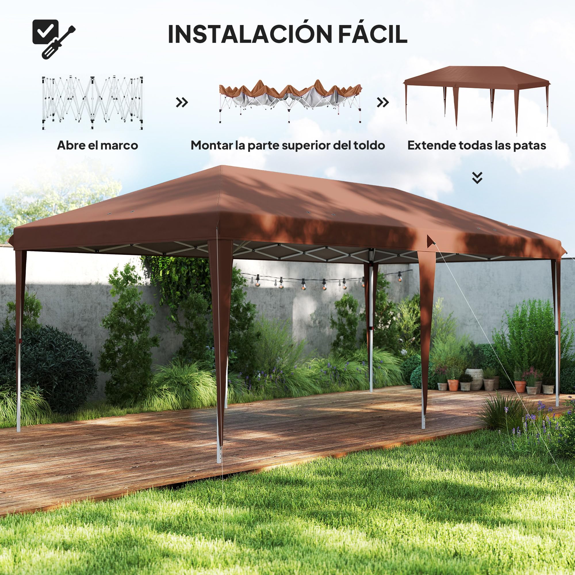 Outsunny Carpa Plegable Gazebo 3x6 m Altura Ajustable 3 Niveles Café | Cenador Plegable, Toldo Anti-UV, Bolsa de Transporte, para Camping Fiestas