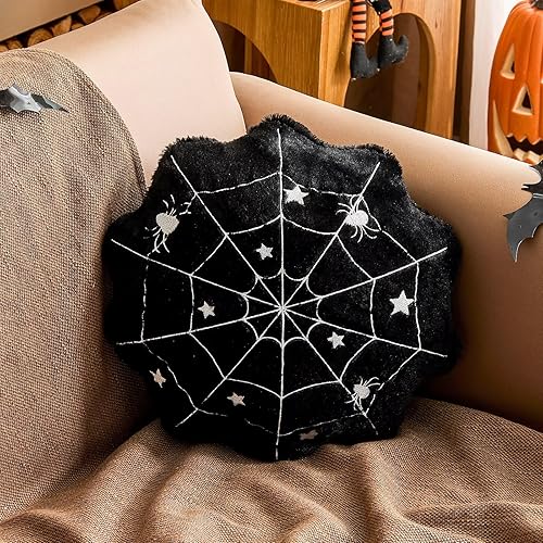 Lfsaaj Spider Web Pillows, 15.7" Black Round Pillows Soft Faux Rabbit Fur Spider Web Shaped Throw Pillows Plush Cushion for Halloween Room Decor - Spider Shield-black - Set of 1-15.7 Inch