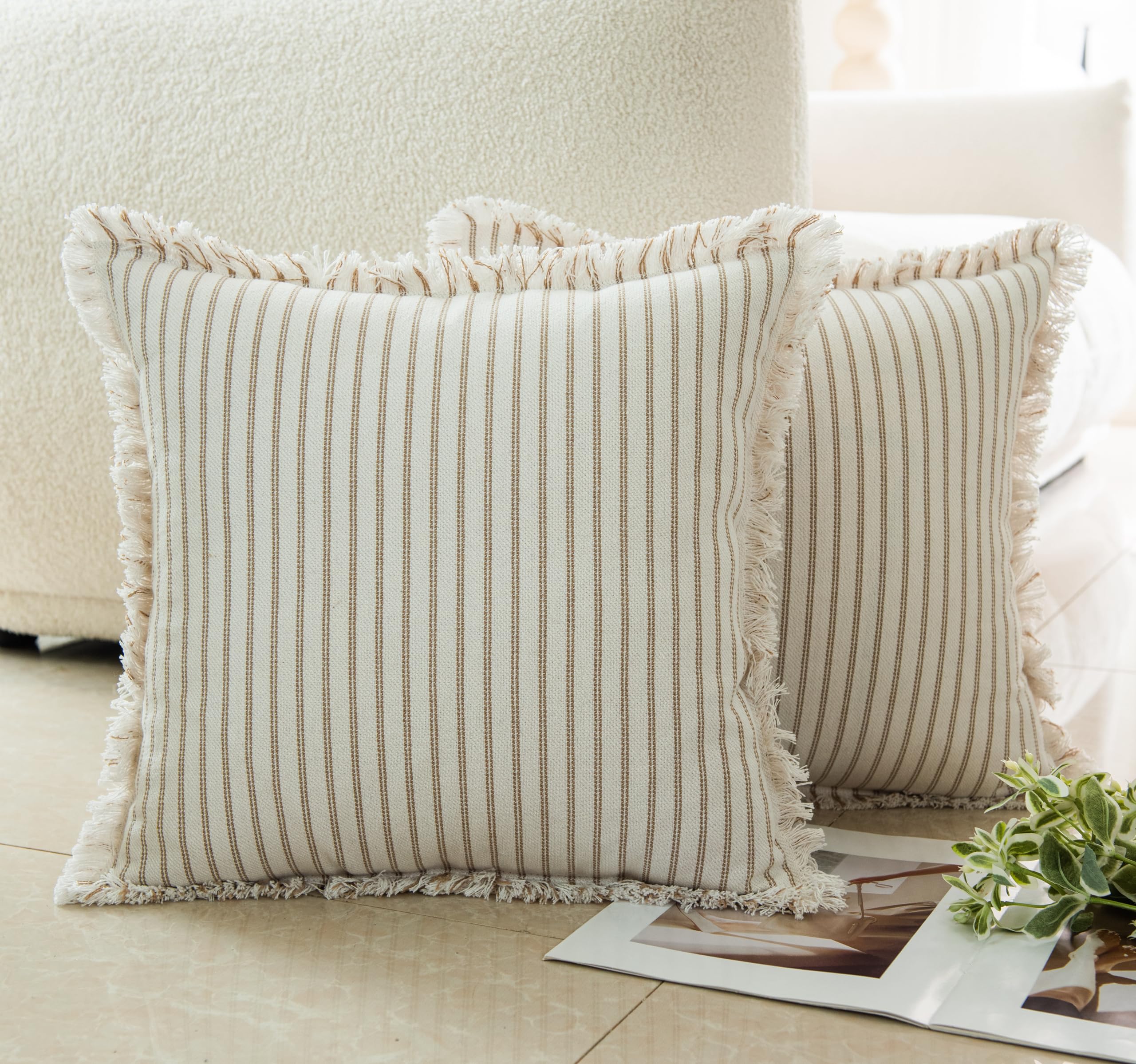 LIGICKY Set of 2 Fringe Cushion Covers with Tassels Khaki Boho Farmhouse Striped Throw Pillow Covers Soft Square Cushion Cases for Sofa Couch Bed Living Room Decor 20 x 20 inch - Image 2