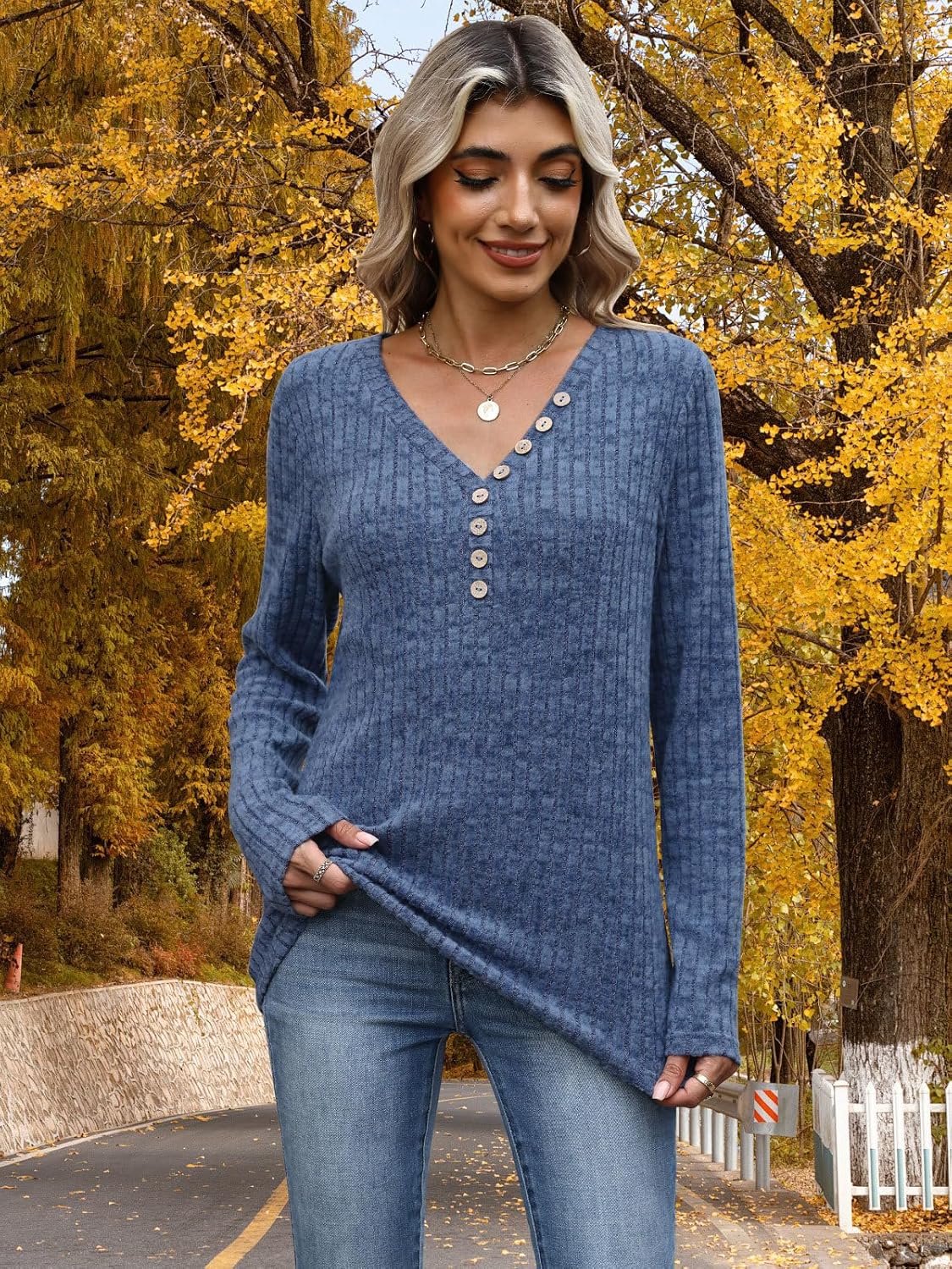 Womens Henley Knit Sweaters 2025 Fall Winter Deep V Neck Long Sleeve Button Pullover Casual Tops - Image 6