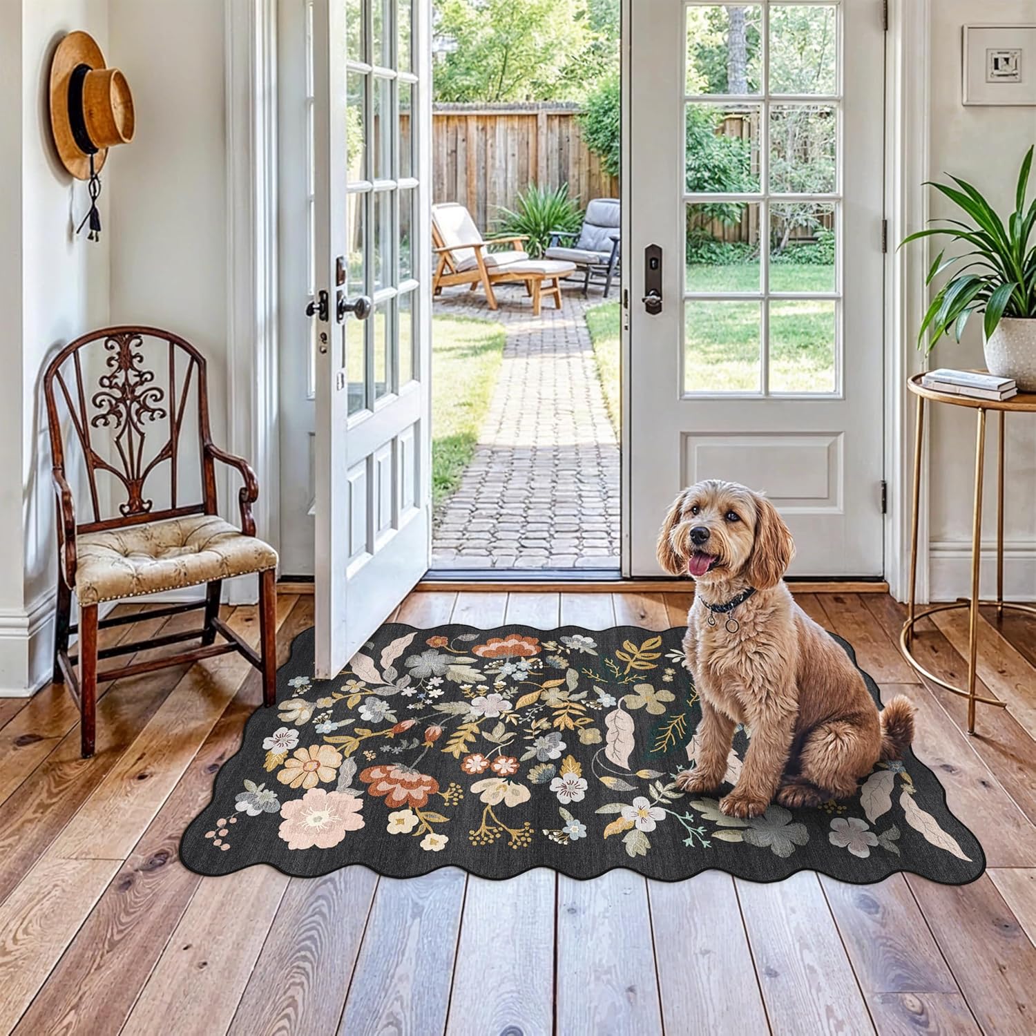 3x5 Washable Rug for Entryway - Non-Slip Scalloped Floral Area Rug for Living Room, Kitchen, Bedroom - Soft Ultra-Thin Boho Door Mat Stain Resistant Throw Rug (Black,3x5)