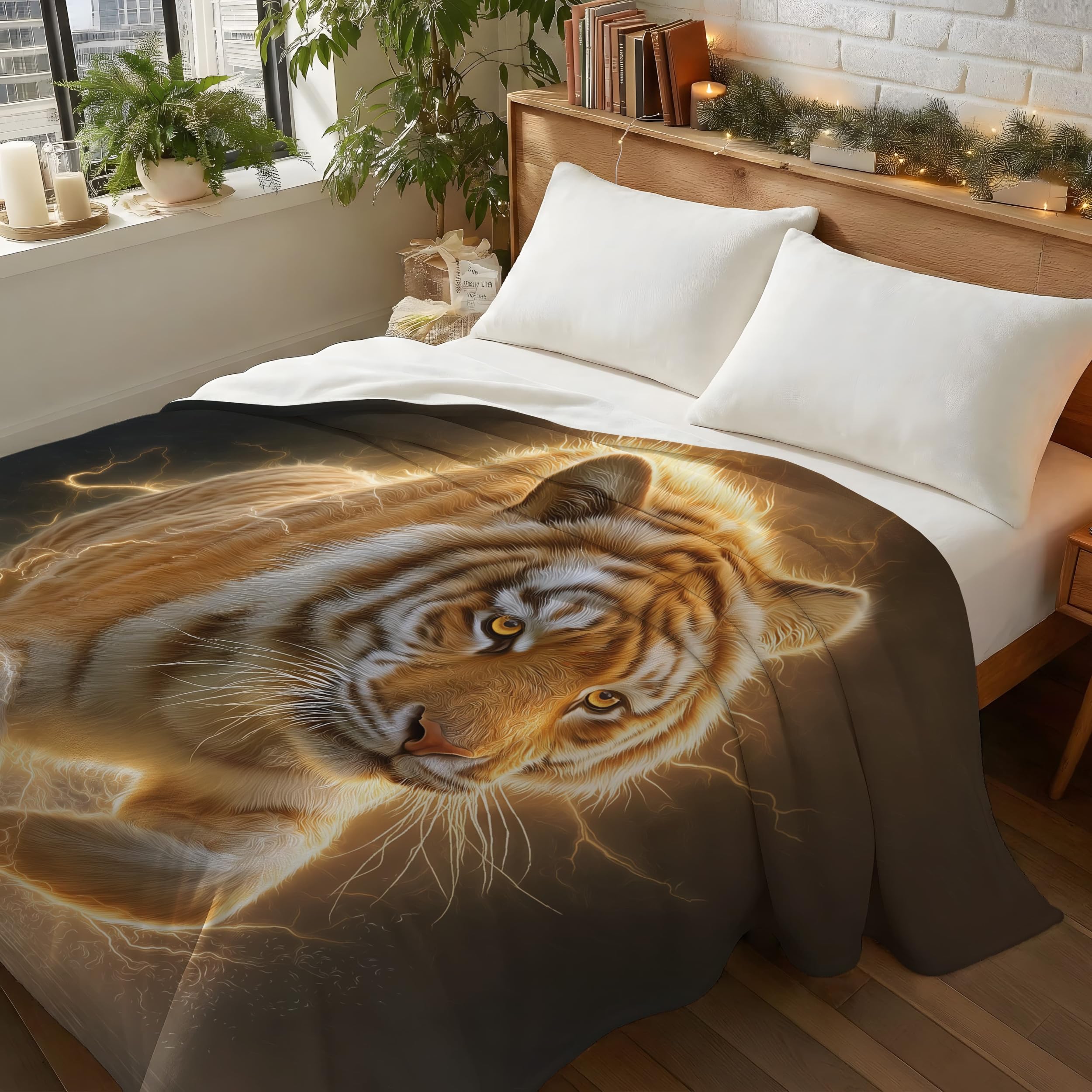 Generico Coperta Pile di Alta Qualità Matrimoniale 220 x 270 cm, Caldo Super Morbida Coperte a Tema Animale, Oro Tigre Luce Elettrica Selvaggio Copriletto per Adolescenti Ragazzi Ragazze e Adulti
