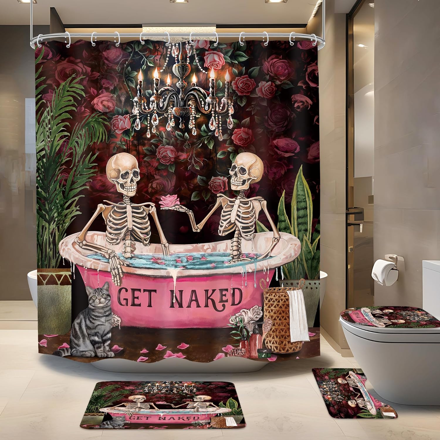 4 PCS Gothic Skull Skeleton Shower Curtain Set 72Wx72H Halloween Bathroom Set Black Goth Non-Slip Bath Rug Toilet Lid Cover U Shape Mat Complete Bathtub Accessories with 12 Hooks Bathroom Decor
