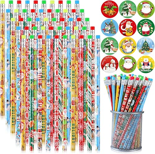 Fulmoon 100 lápices de Navidad a granel, lápices impresos de Navidad con borradores, lápices de madera HB para estudiantes, papelería de Navidad,