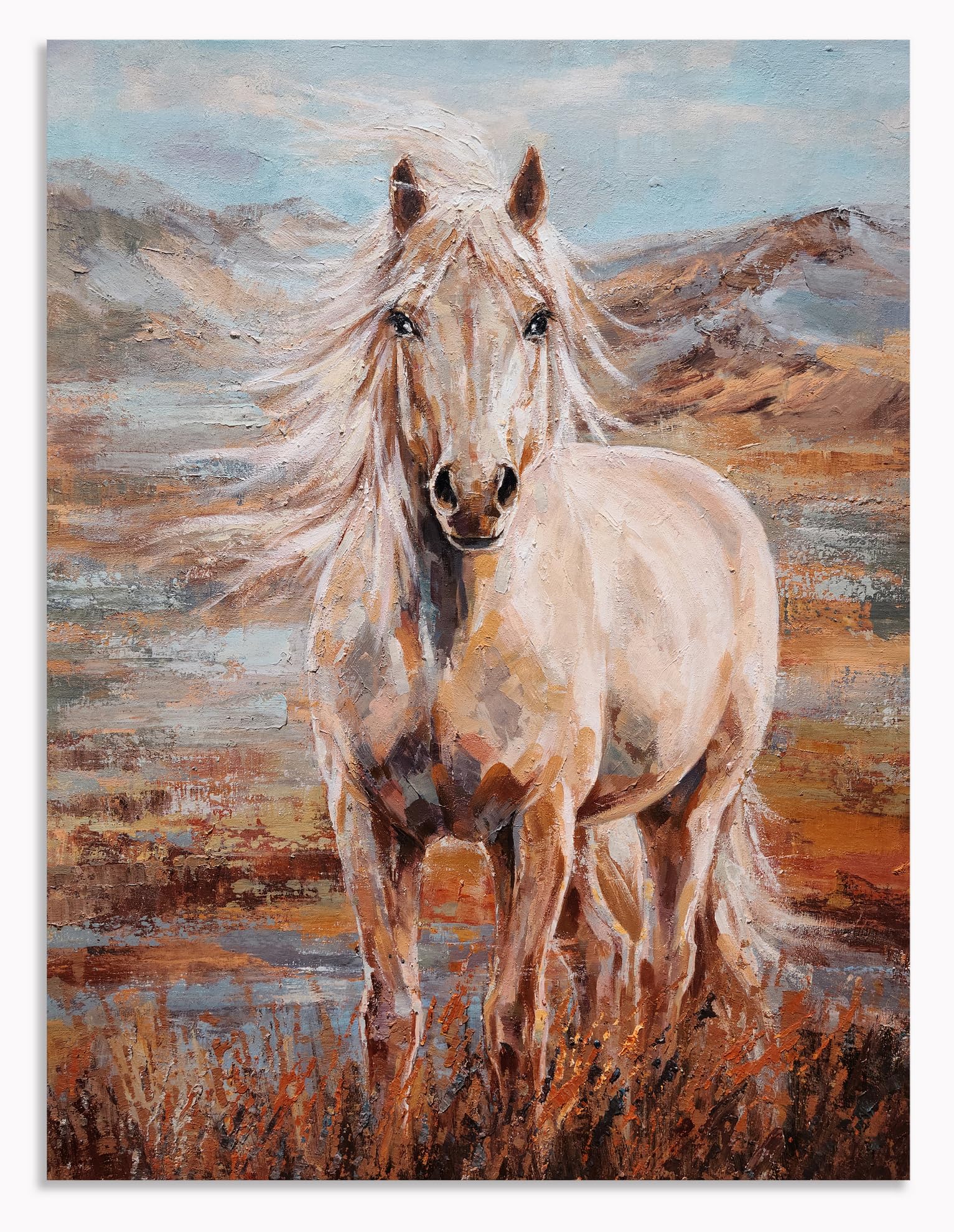 Yihui Arts Textured White Horse Oil Painting