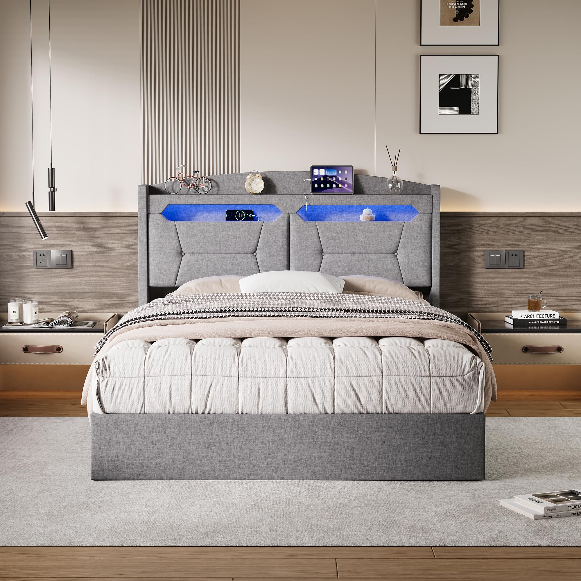 Letto con Cassetto 140x200 con LED e USB, Letto per 2 Persone con Testiera Imbottita e Spazio di Archiviazione, Letto Matrimoniale con Rete a Doghe per Adulti e Adolescenti, senza Materasso